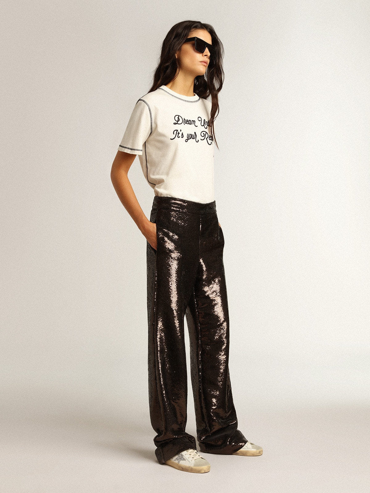 Golden Goose Womens Super-Star With Silver Glitter Star And Brown Glitter Heel Tab Womens