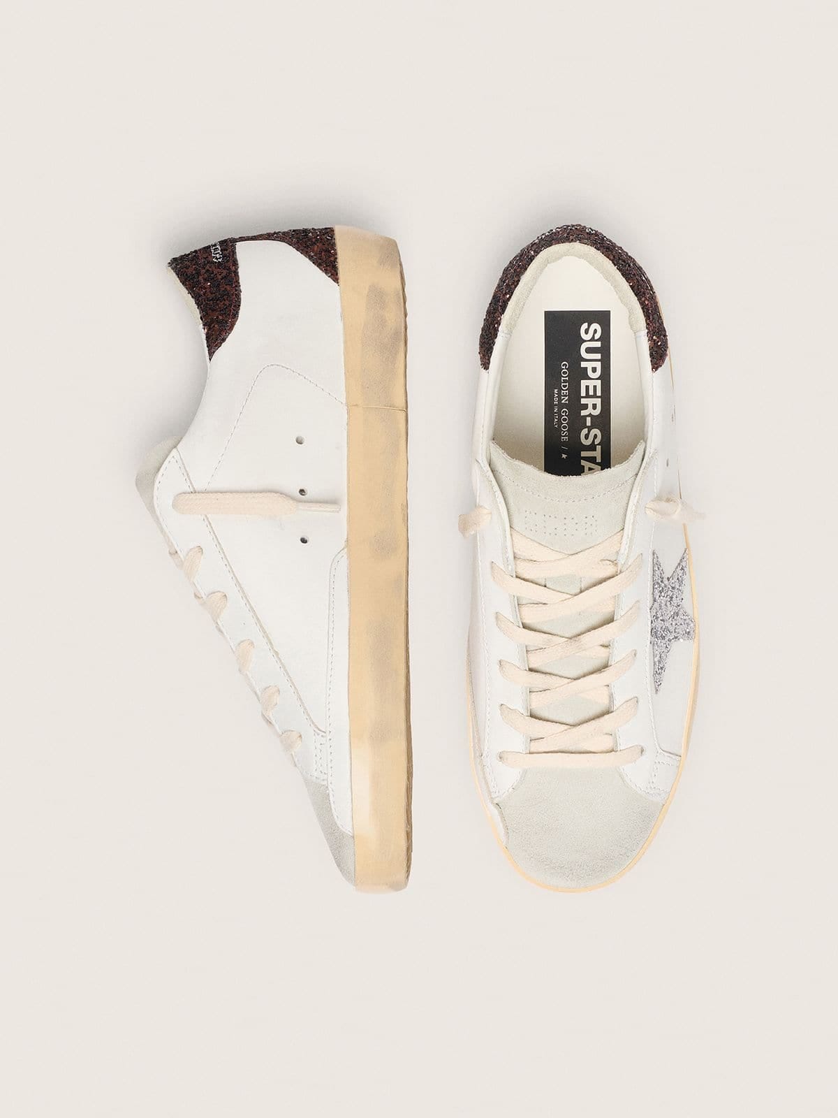 Golden Goose Womens Super-Star With Silver Glitter Star And Brown Glitter Heel Tab Womens