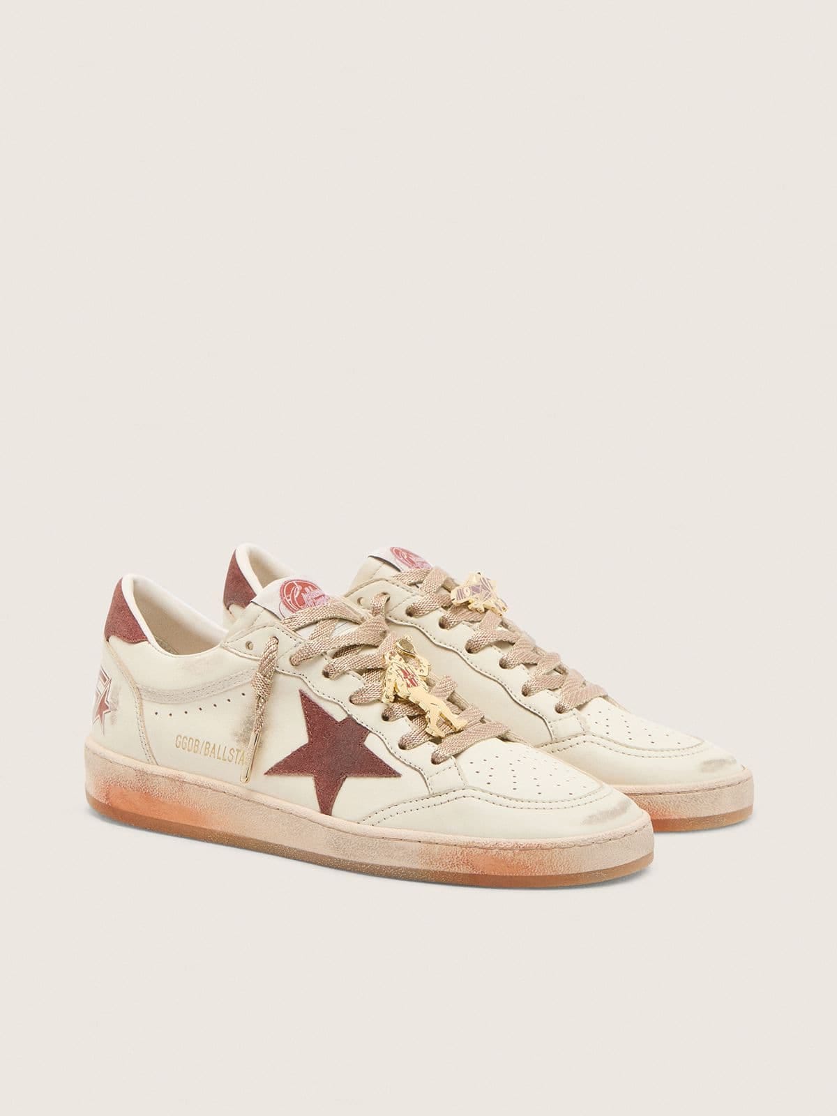 Golden Goose Mens Ball Star In White Leather With Rust Leather Star And Heel Tab Mens