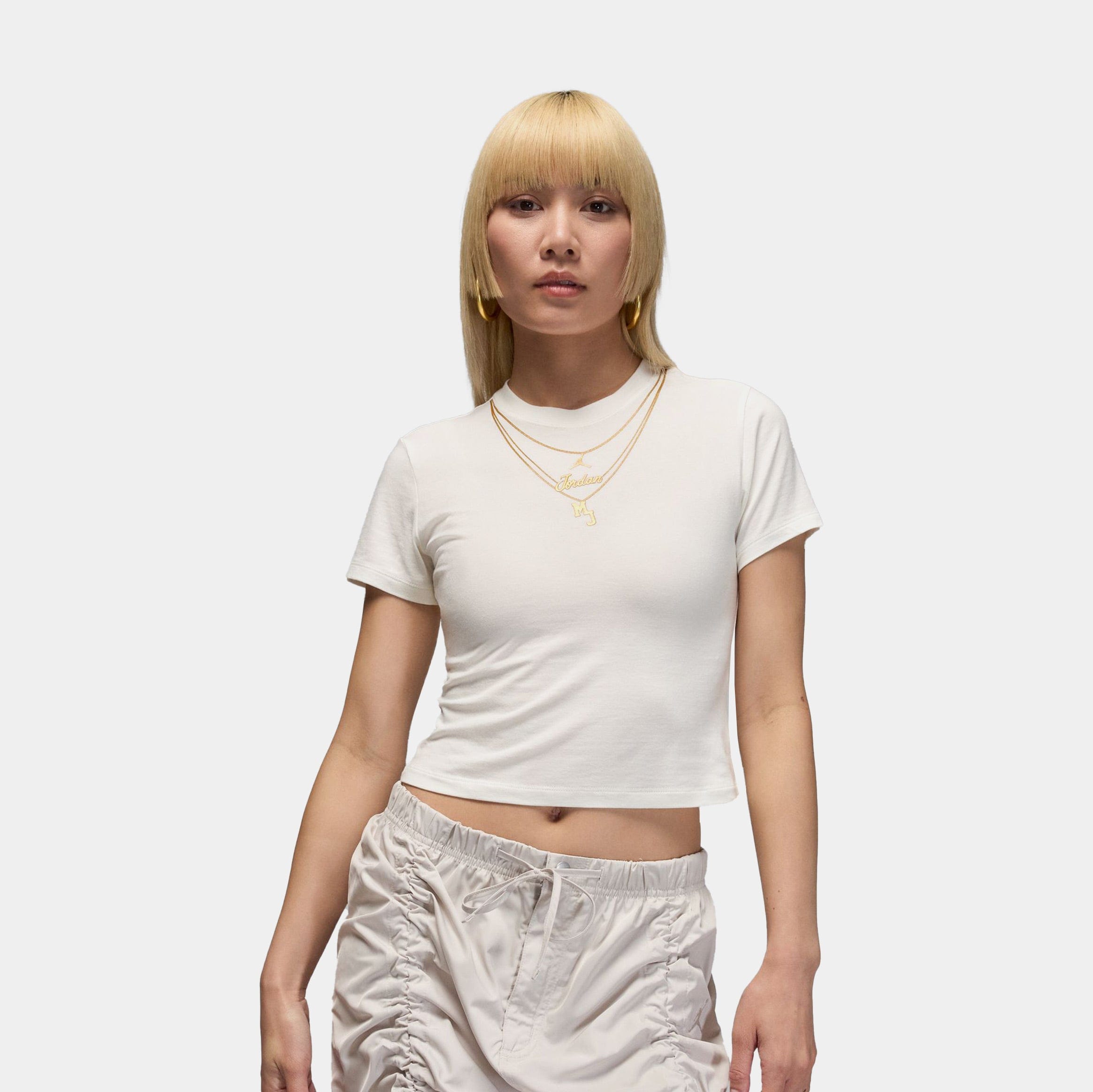 Air Jordan MJ Necklace Graphic Womens Short Sleeve Shirt (White/Gold)
