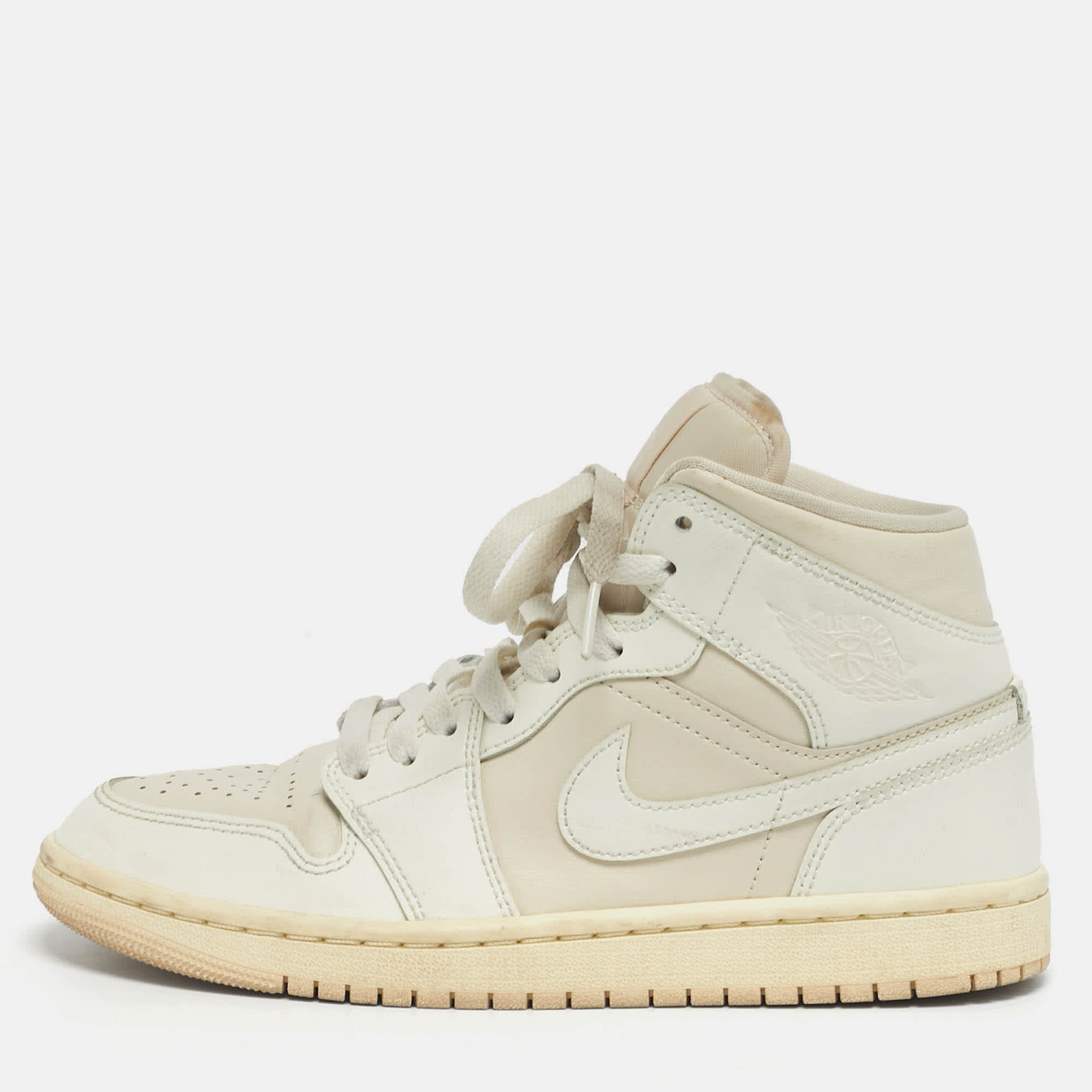 Air Jordans White/beige Leather Air Jordan 1 High Top Sneakers