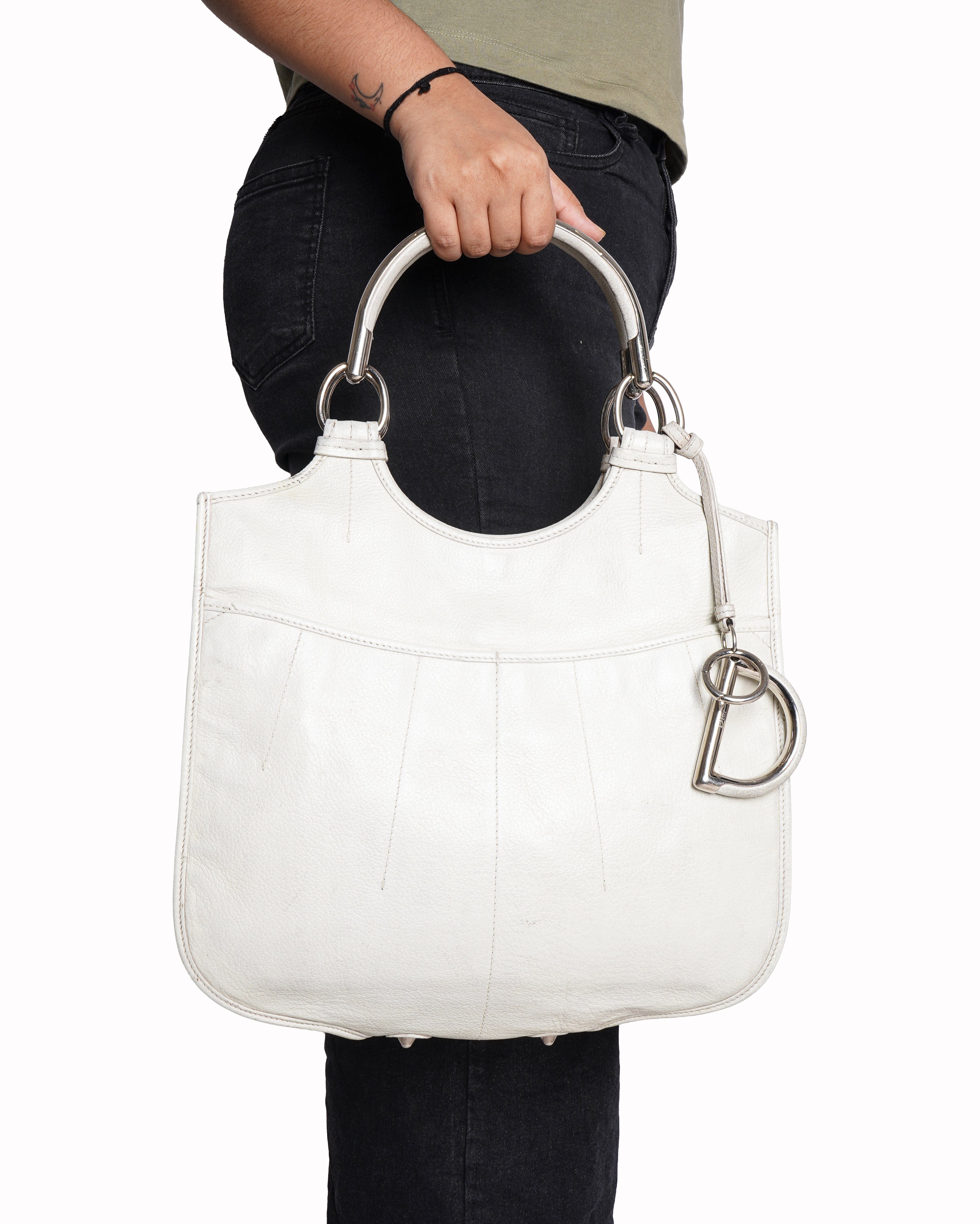 Dior Christian Dior D Charm Handbag Tote Bag Leather Ivory