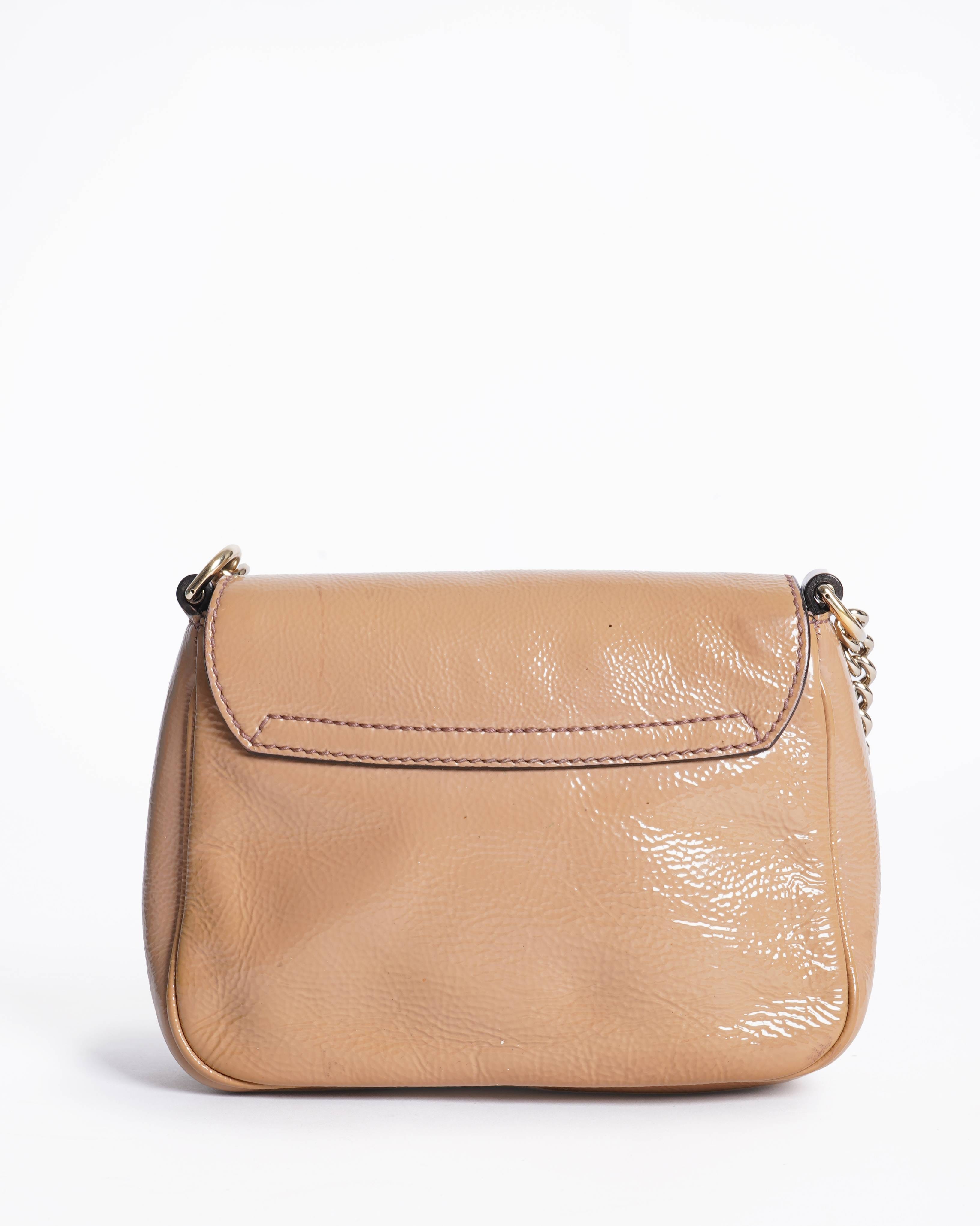 Gucci Beige Patent Leather Soho Flap Chain Crossbody Bag