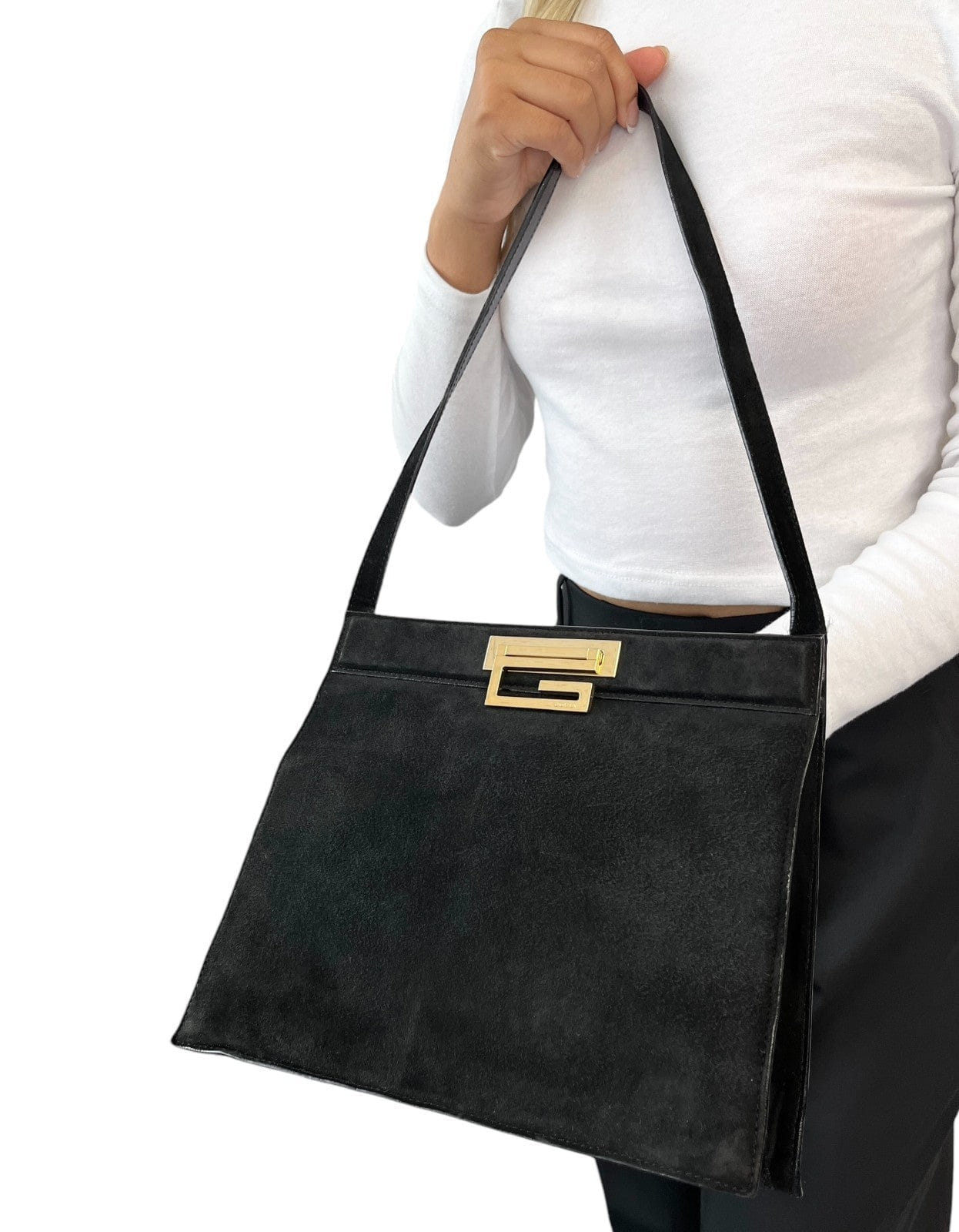 GUCCI Vintage G Square Logo Shoulder Bag Handbag Black Gold Suede Leather