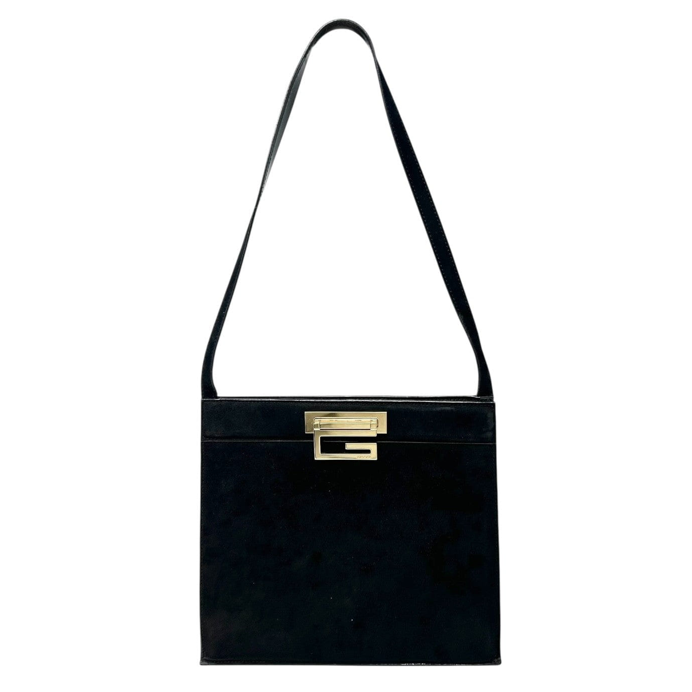 GUCCI Vintage G Square Logo Shoulder Bag Handbag Black Gold Suede Leather