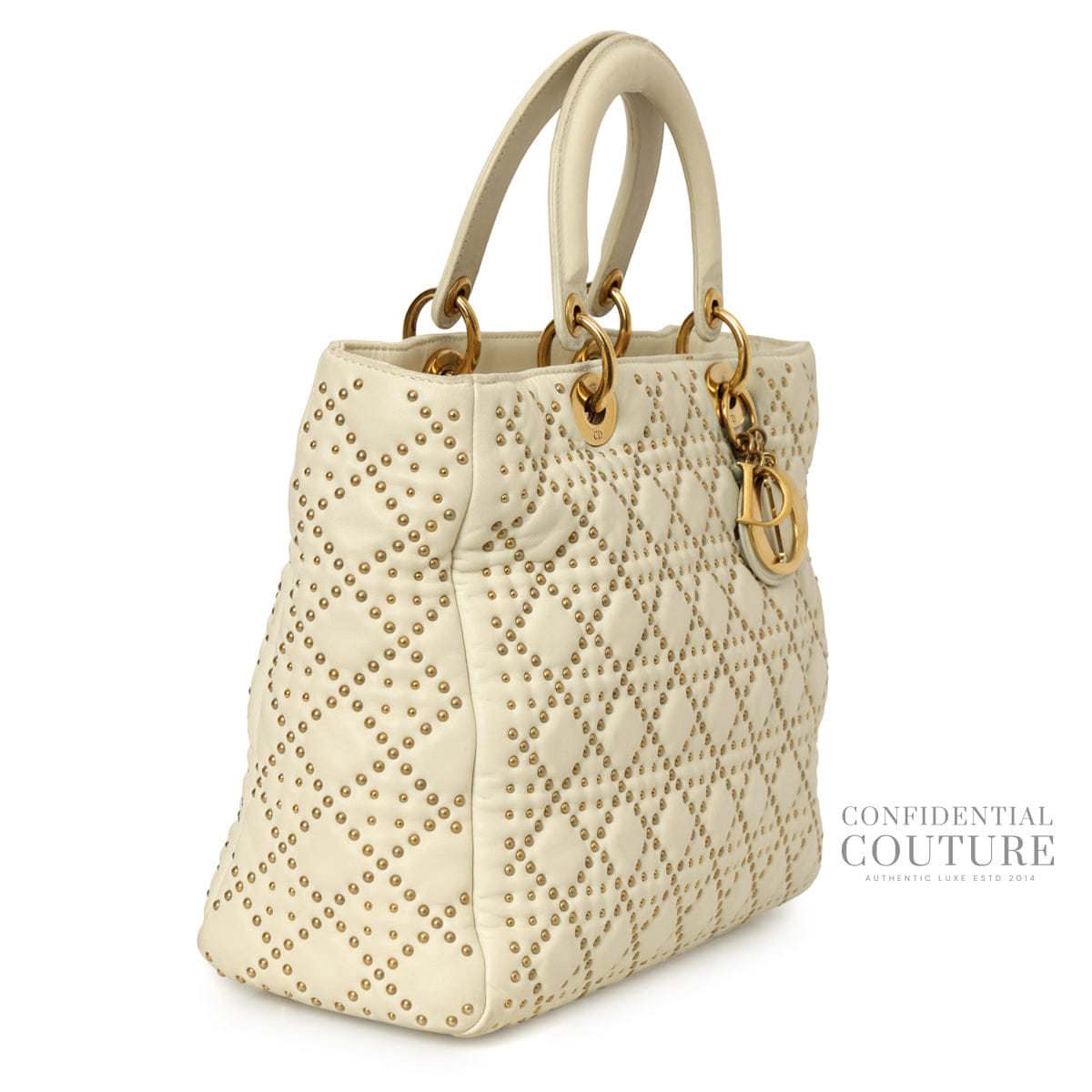 Dior White & Gold Medium Lambskin Studded Supple Tote