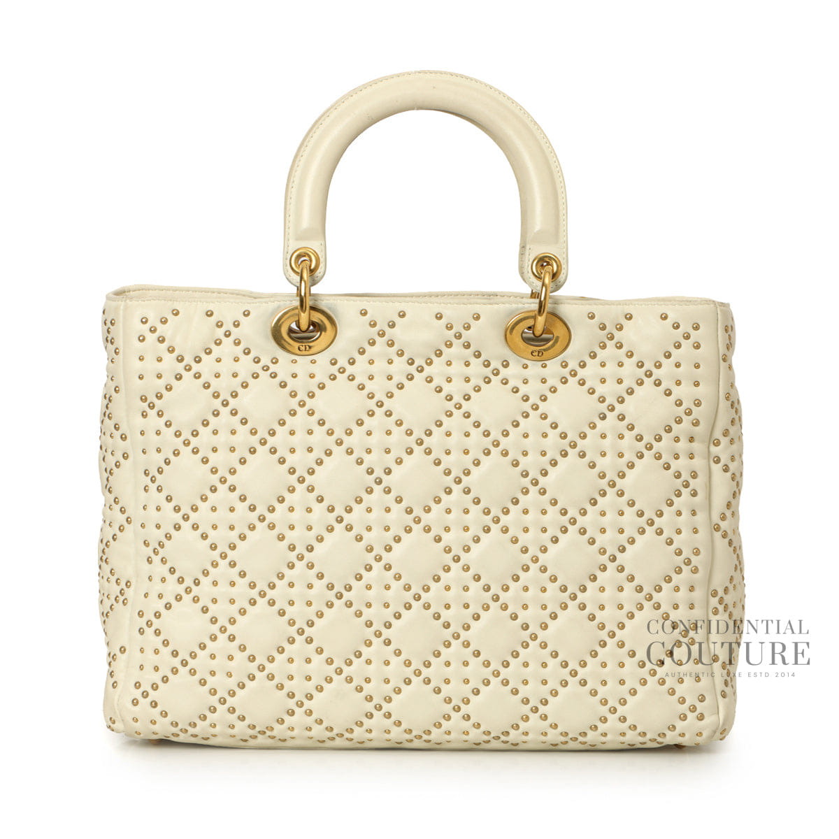 Dior White & Gold Medium Lambskin Studded Supple Tote