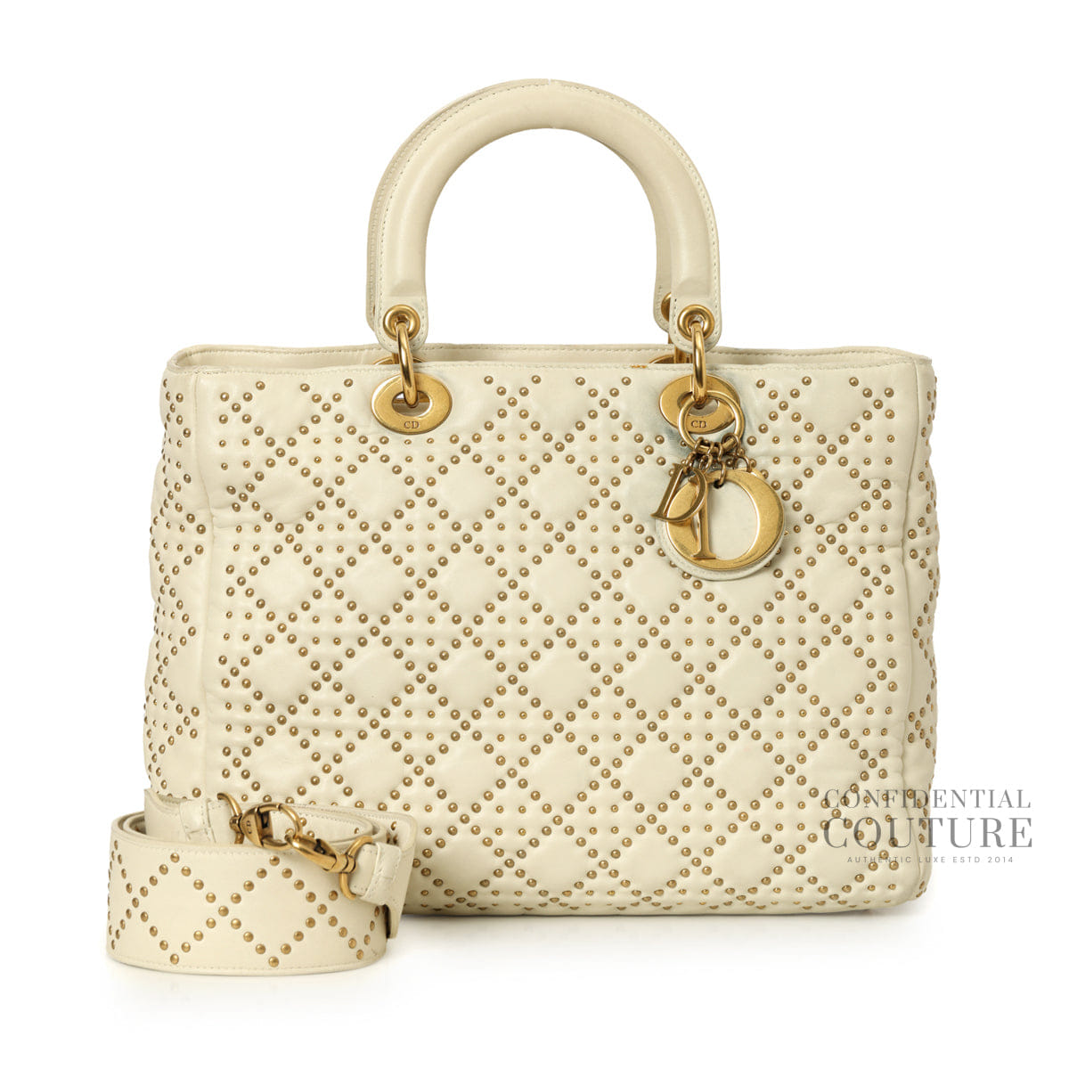 Dior White & Gold Medium Lambskin Studded Supple Tote