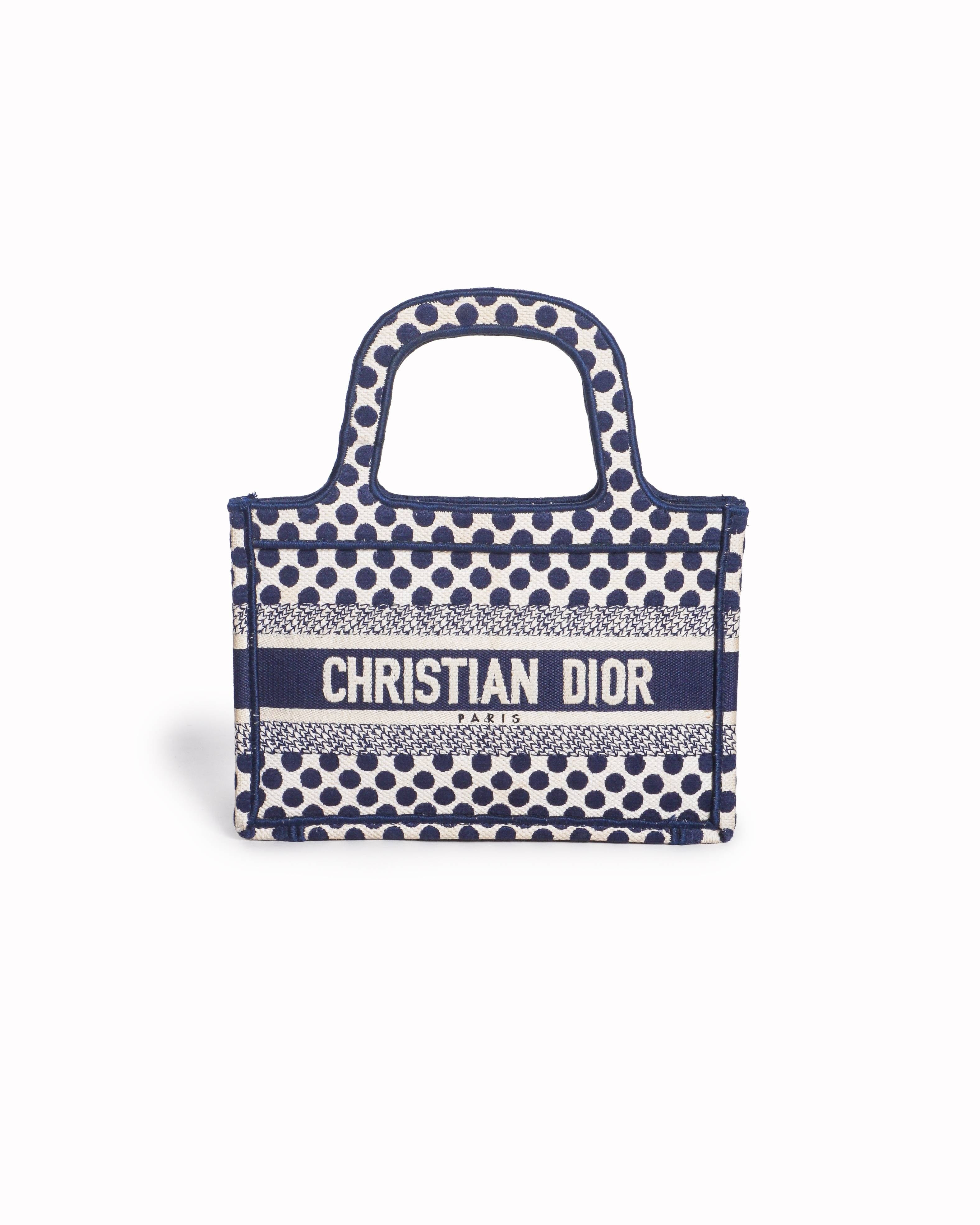 Dior Christian Dior Blue & Cream Polka Dot Embroidered Canvas Mini Book Tote