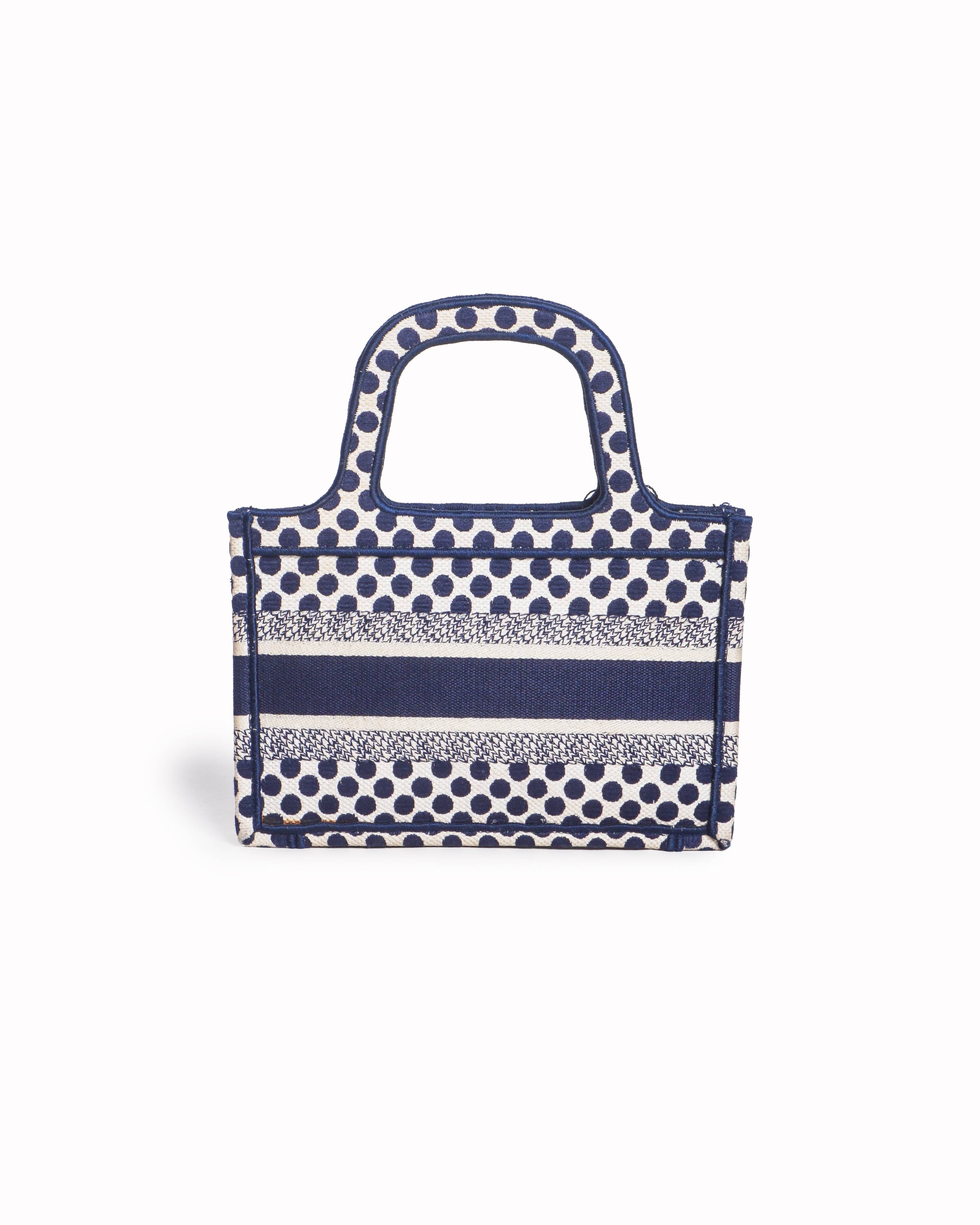 Dior Christian Dior Blue & Cream Polka Dot Embroidered Canvas Mini Book Tote
