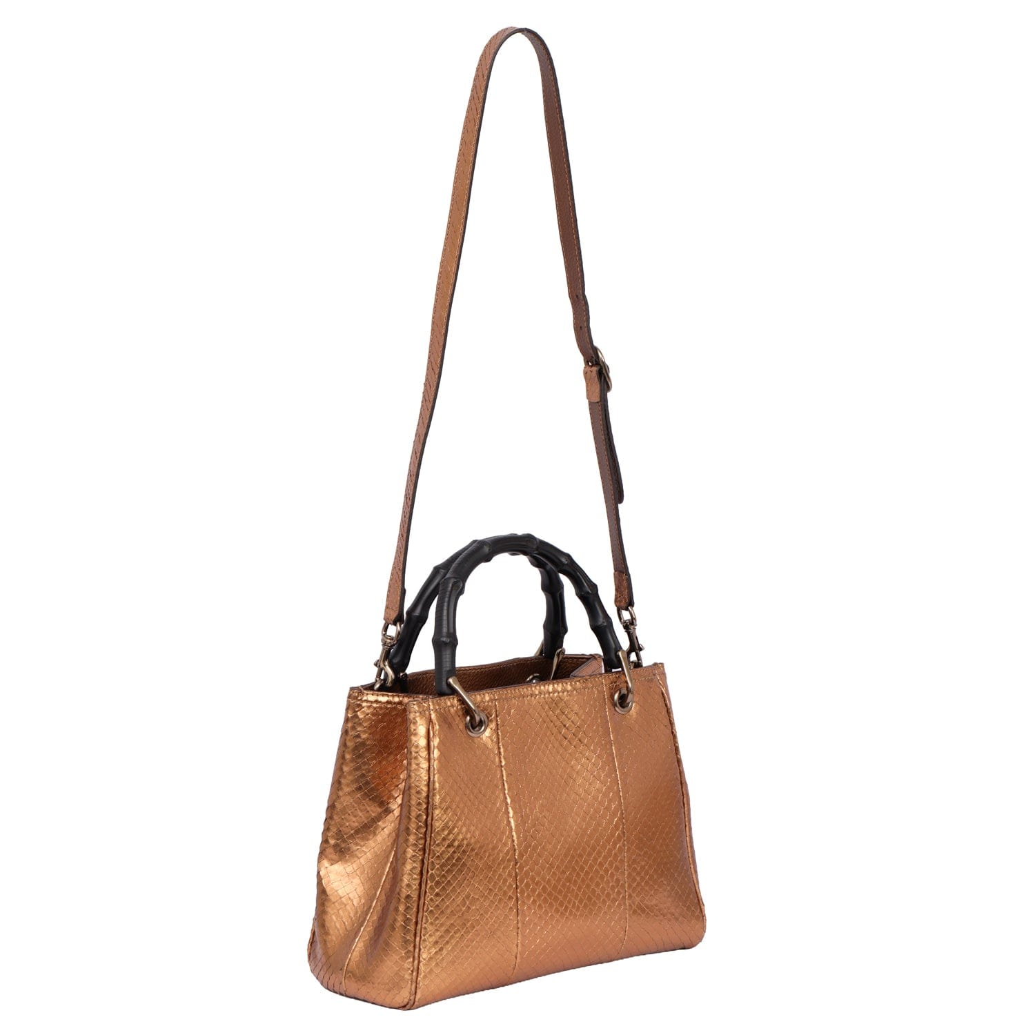 GUCCI BAMBOO HOPPER BRONZE PYTHON LEATHER TOTE BAG