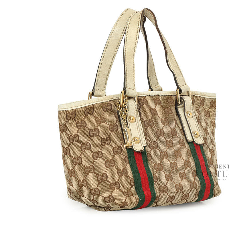 Gucci Jolicoeur Striped Charm Beige GG Canvas Tote Bag