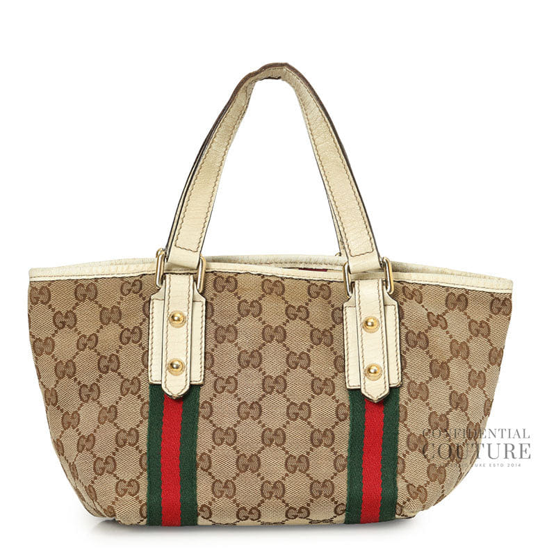 Gucci Jolicoeur Striped Charm Beige GG Canvas Tote Bag