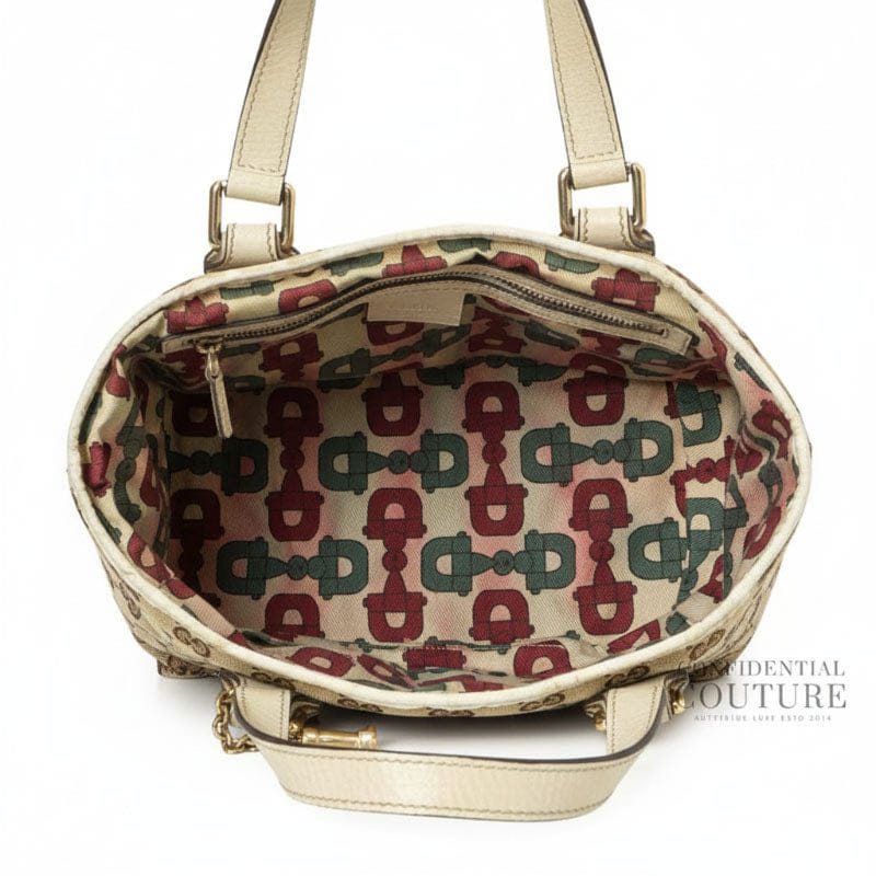 Gucci Jolicoeur Striped Charm Beige GG Canvas Tote Bag