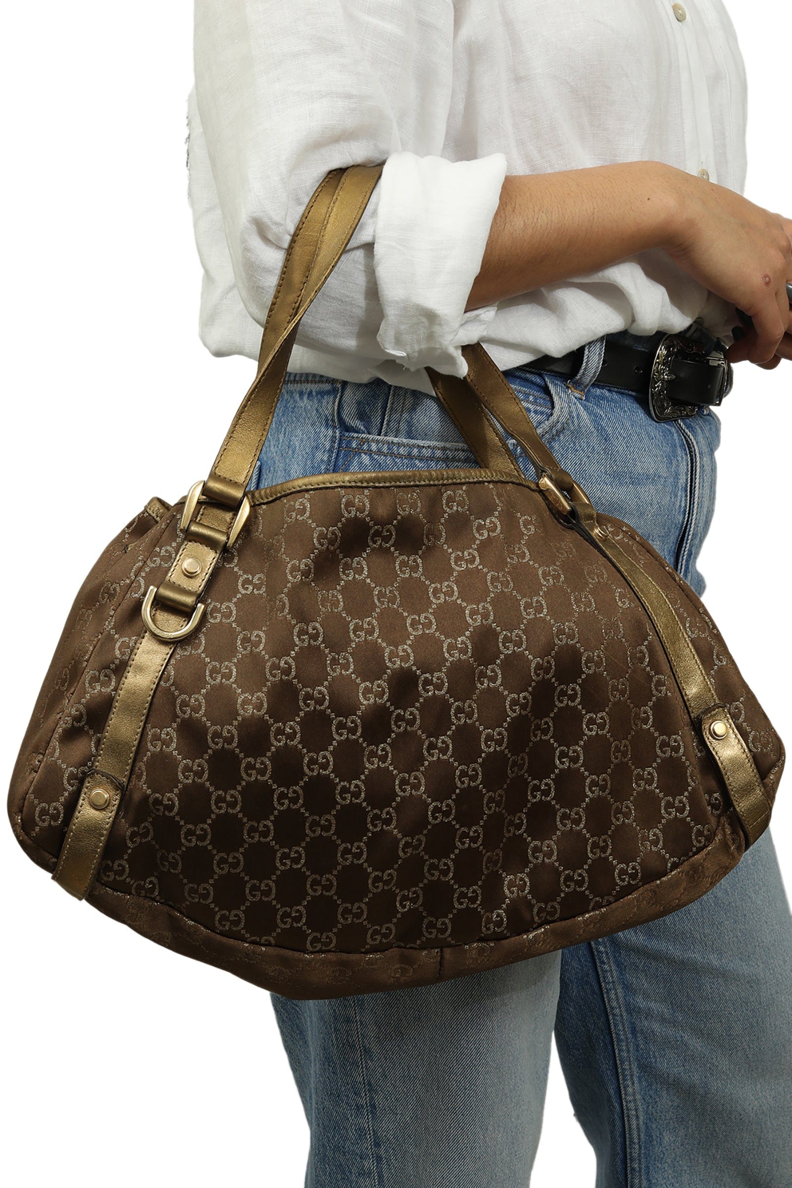Gucci Gold Metallic Monogram Abbey D - Ring Tote