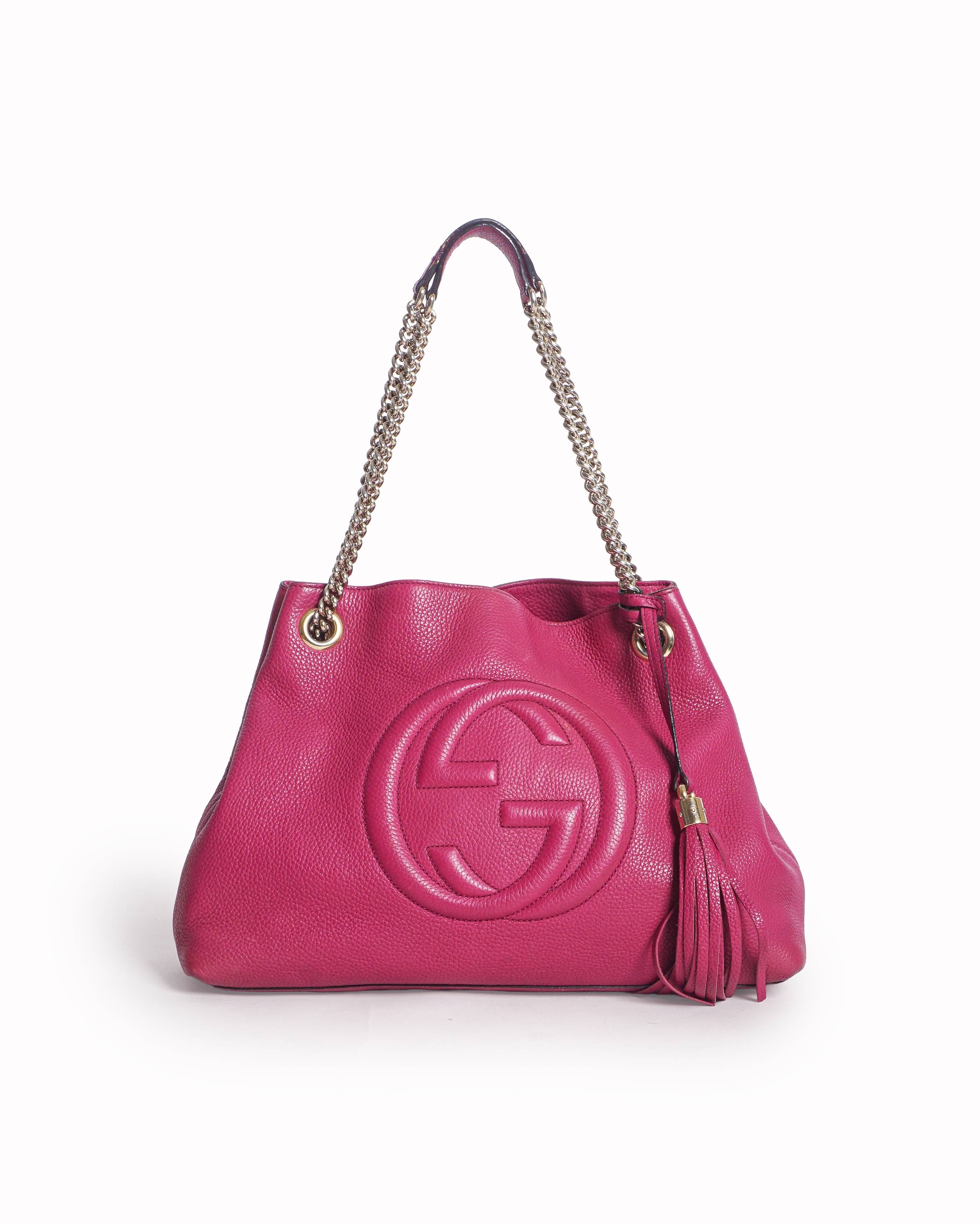 Gucci Fuchsia Pink Pebbled Leather Soho Interlocking G Chain Tote