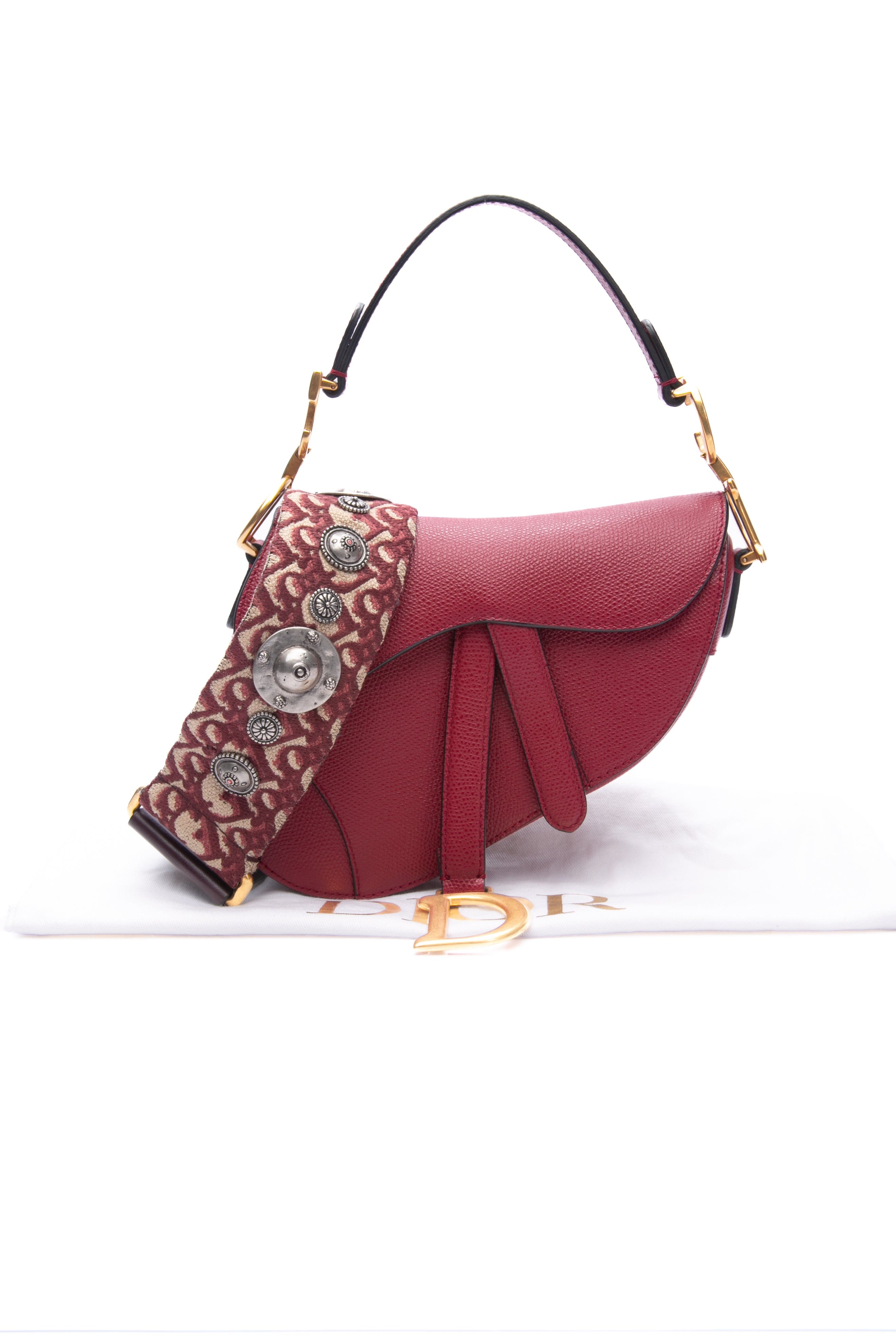DIOR Cherry Red Grained Calfskin Mini Saddle Bag with shoulder strap