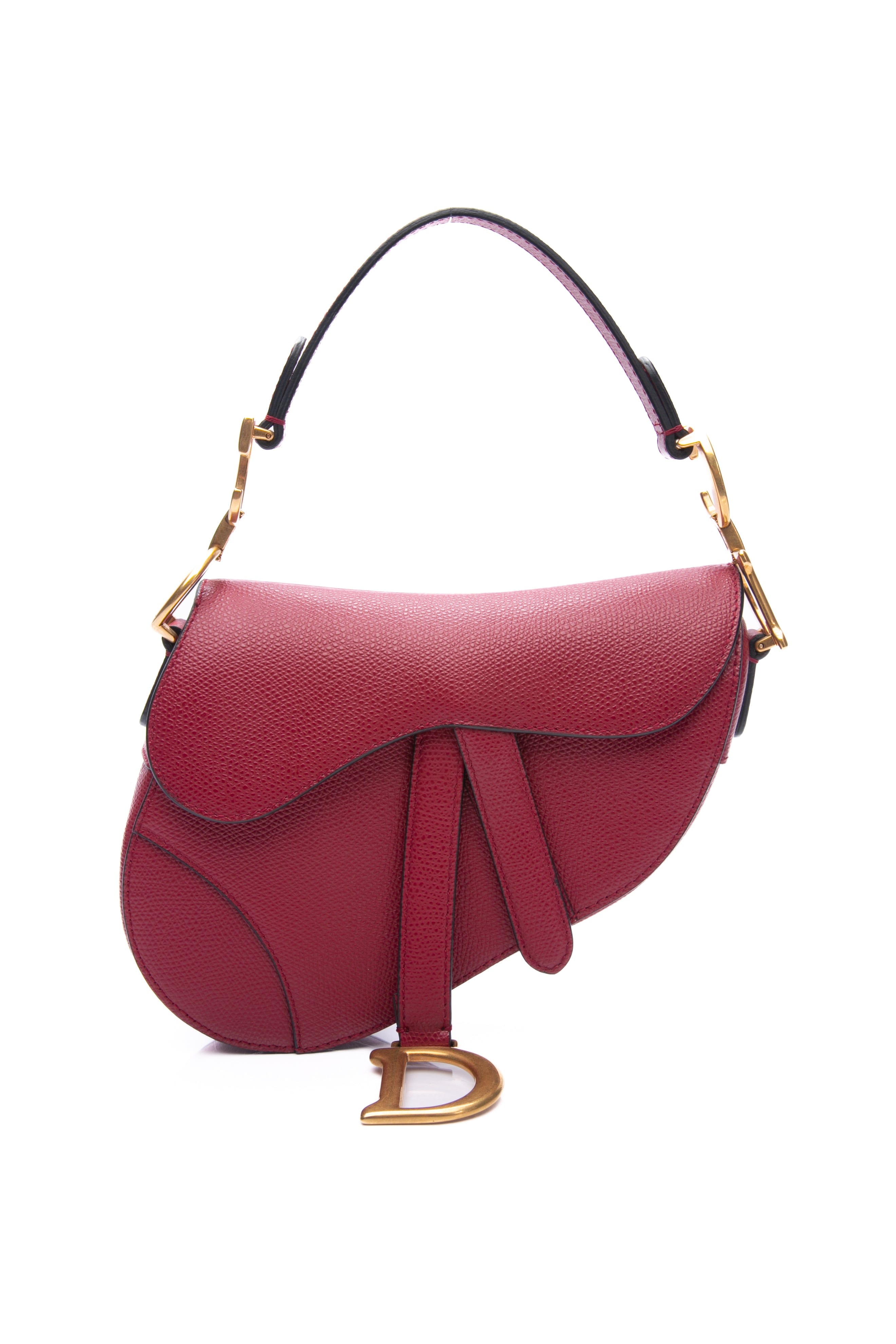 DIOR Cherry Red Grained Calfskin Mini Saddle Bag with shoulder strap
