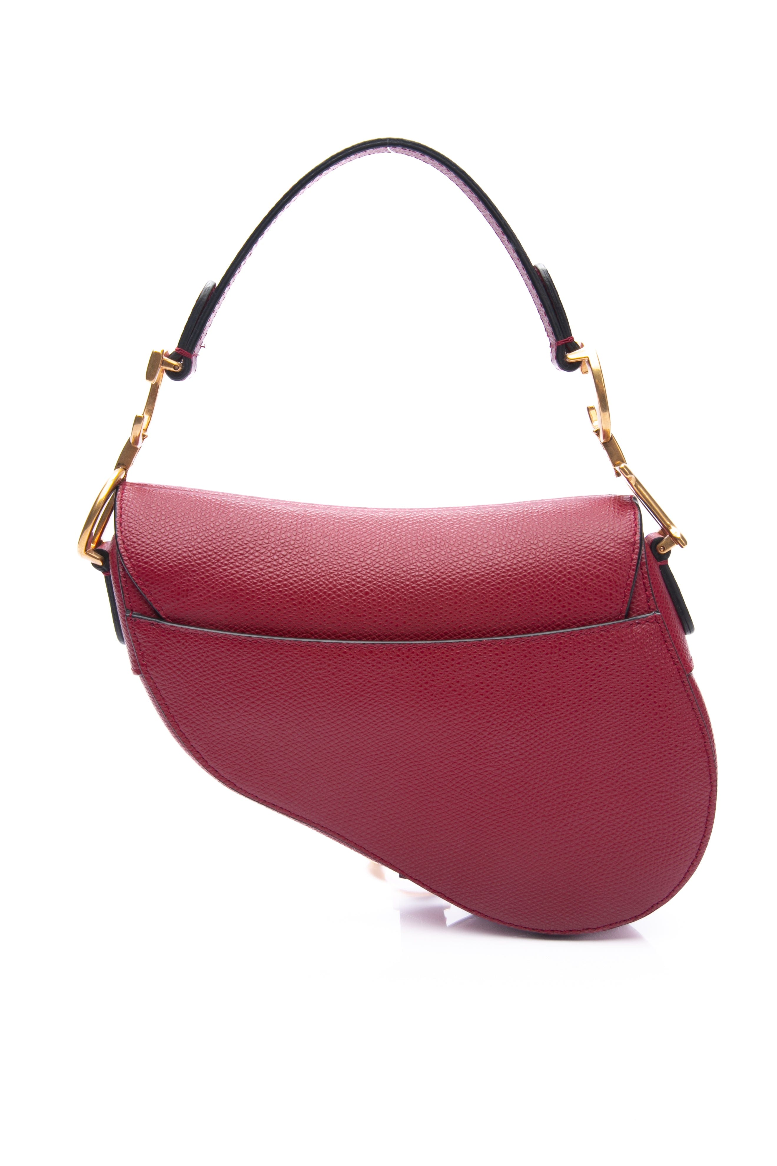 DIOR Cherry Red Grained Calfskin Mini Saddle Bag with shoulder strap