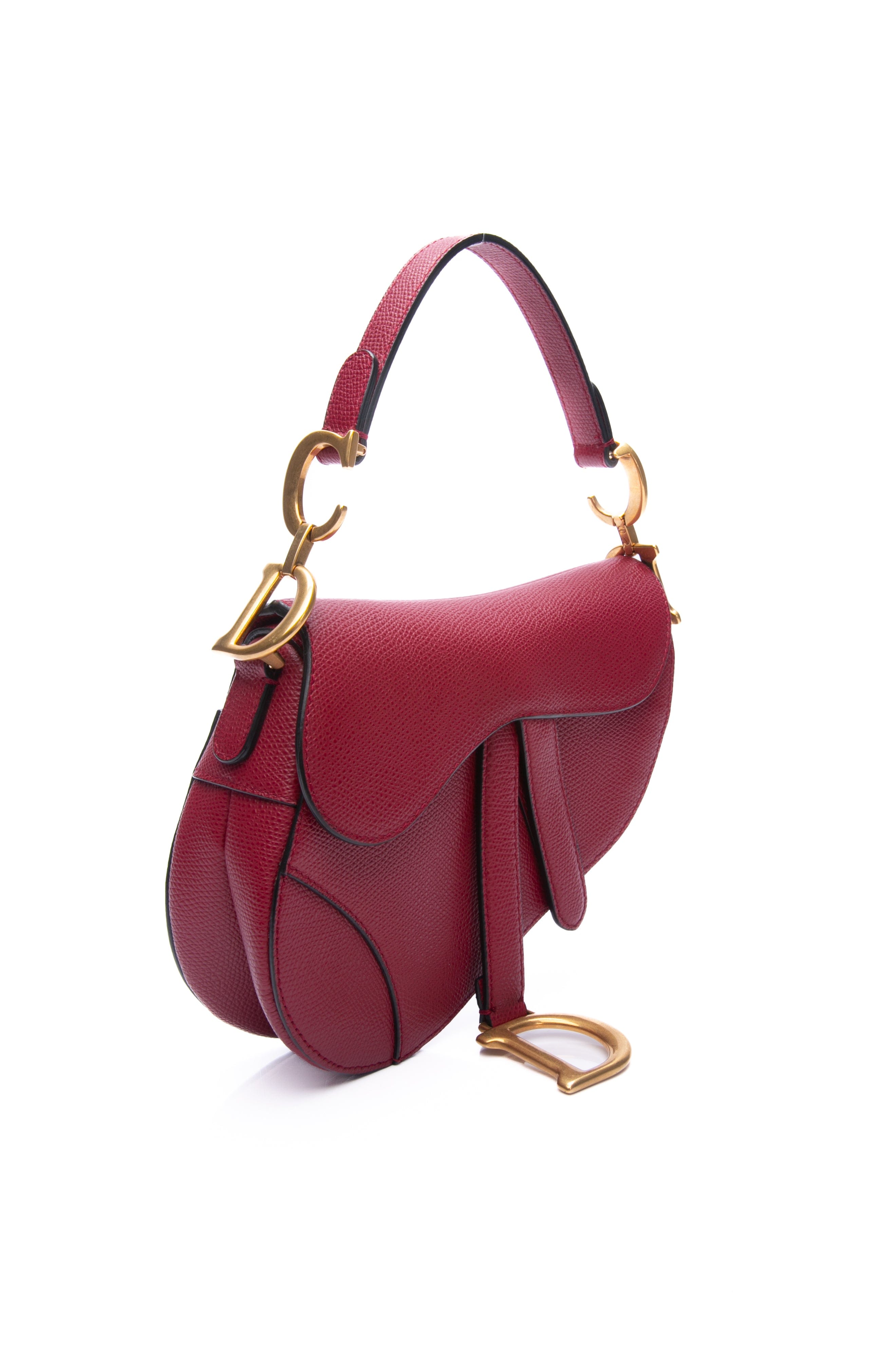 DIOR Cherry Red Grained Calfskin Mini Saddle Bag with shoulder strap