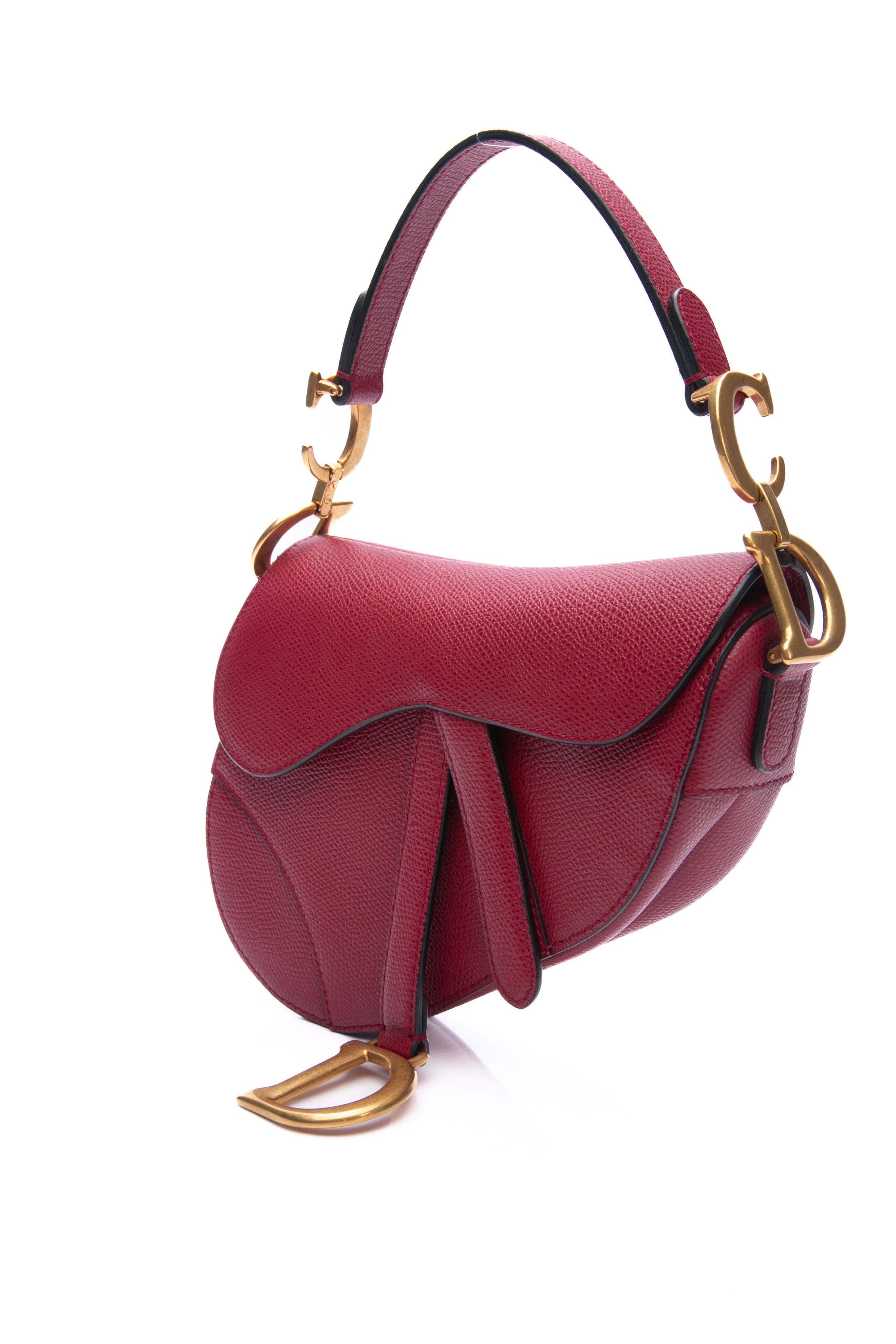 DIOR Cherry Red Grained Calfskin Mini Saddle Bag with shoulder strap