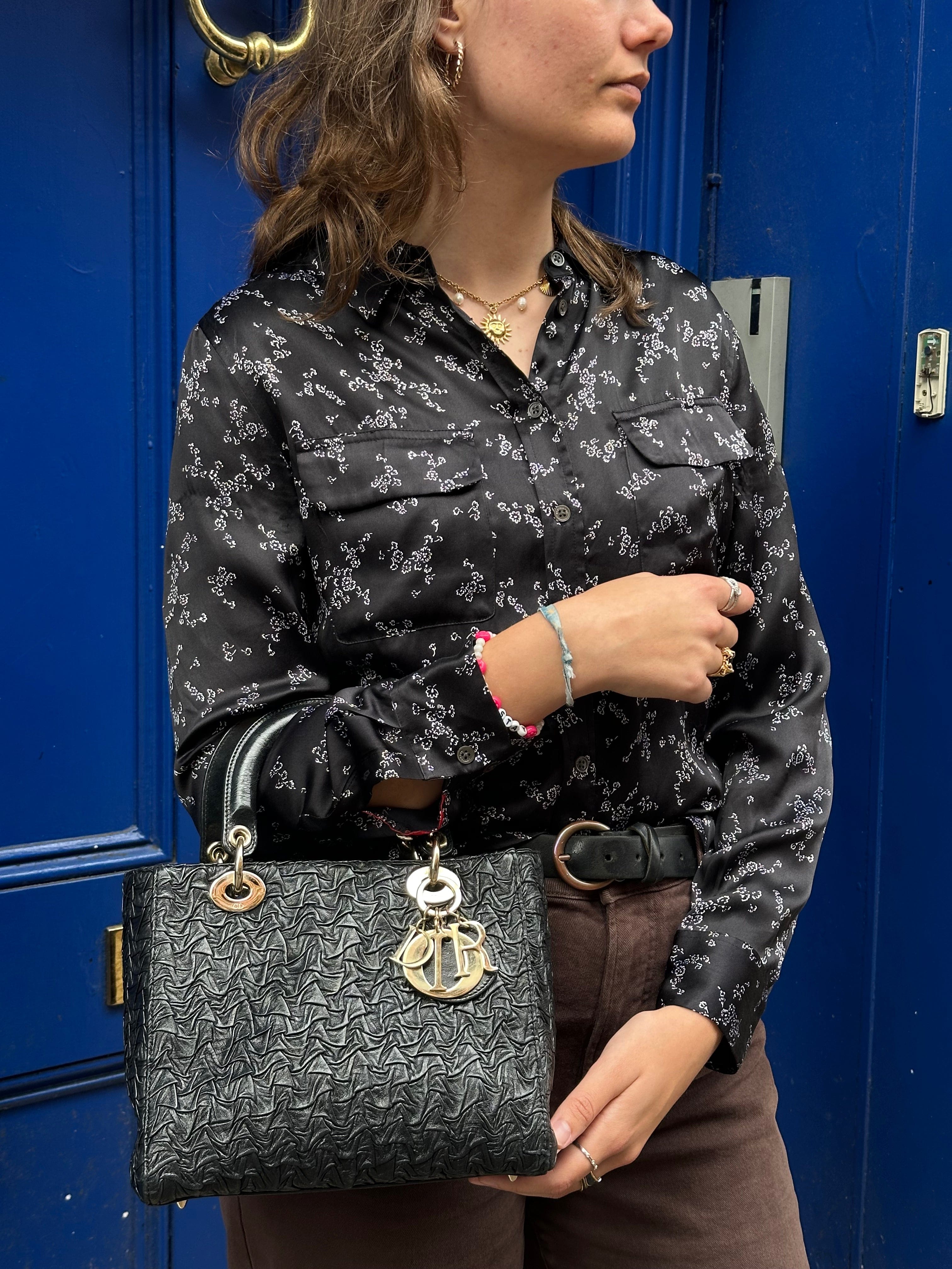 Dior Christian Dior Black Wavy Crinkled Leather Lady Dior