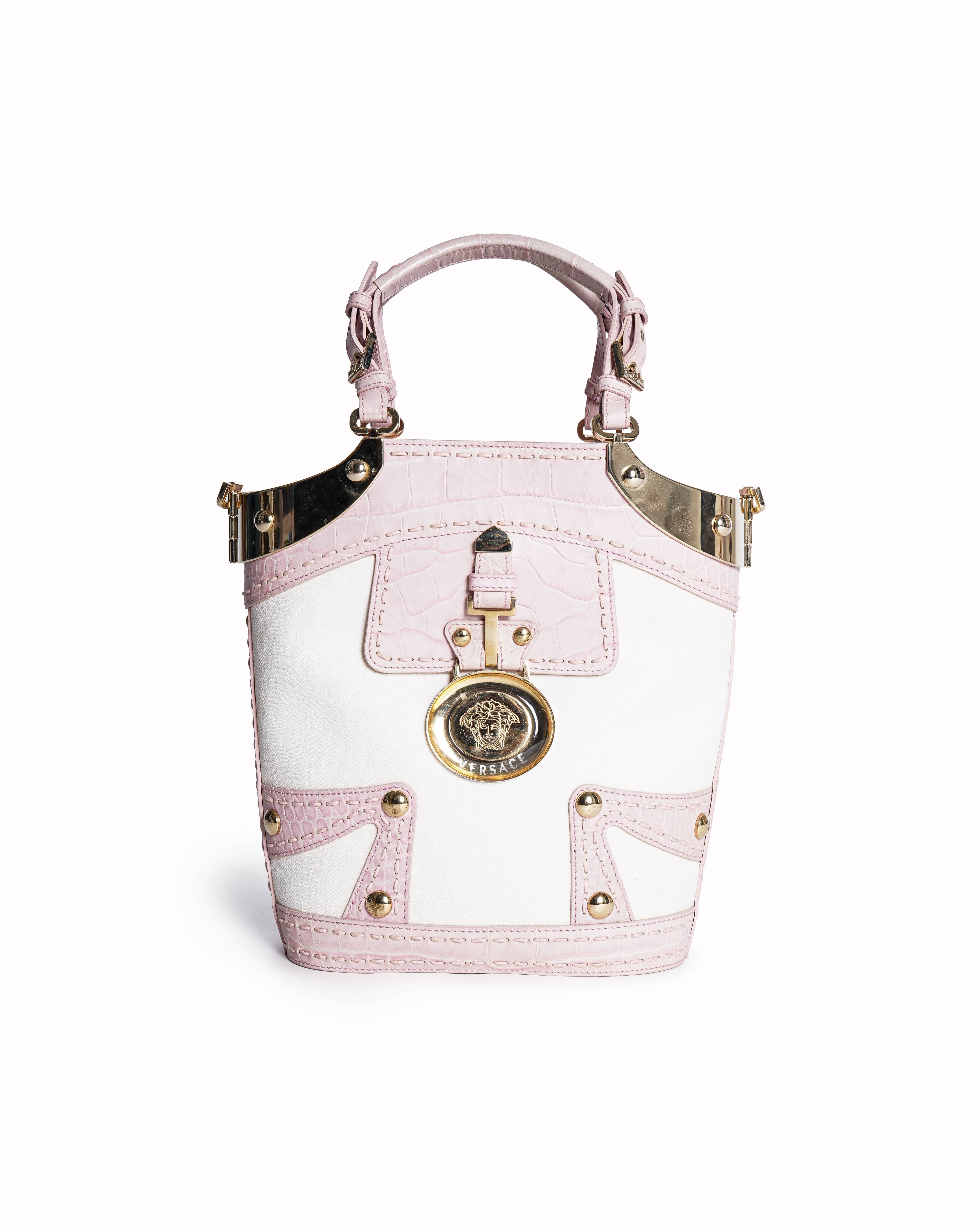 Versace Canvas and Croc - Embossed Leather Medusa Handbag