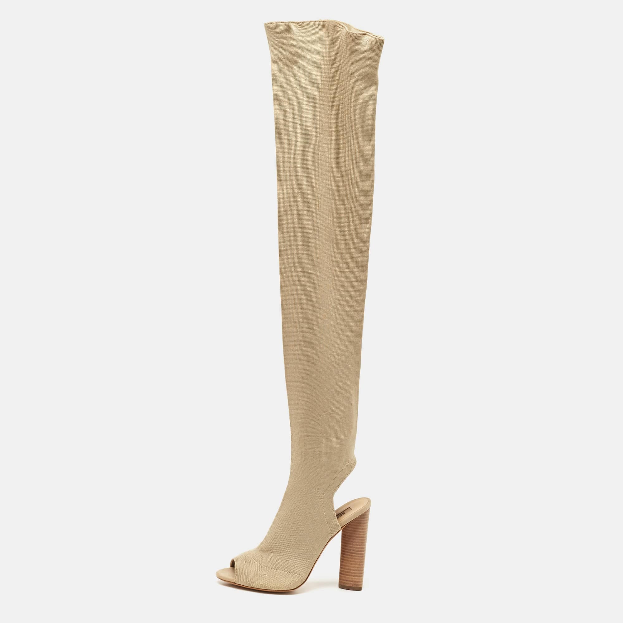 Yeezy Season 5 Beige Knit Fabric Over The Knee Length Boots