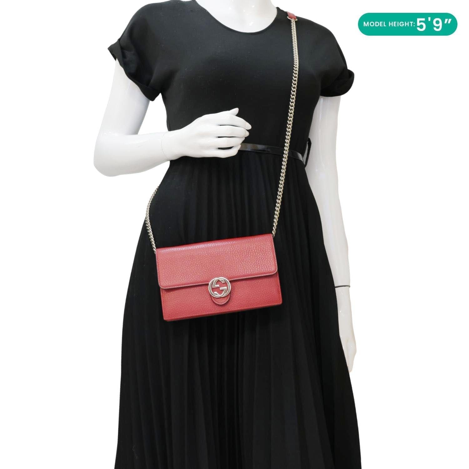 GUCCI Dollar Interlocking G Calfskin Leather Chain Wallet Crossbody Bag Red 510314