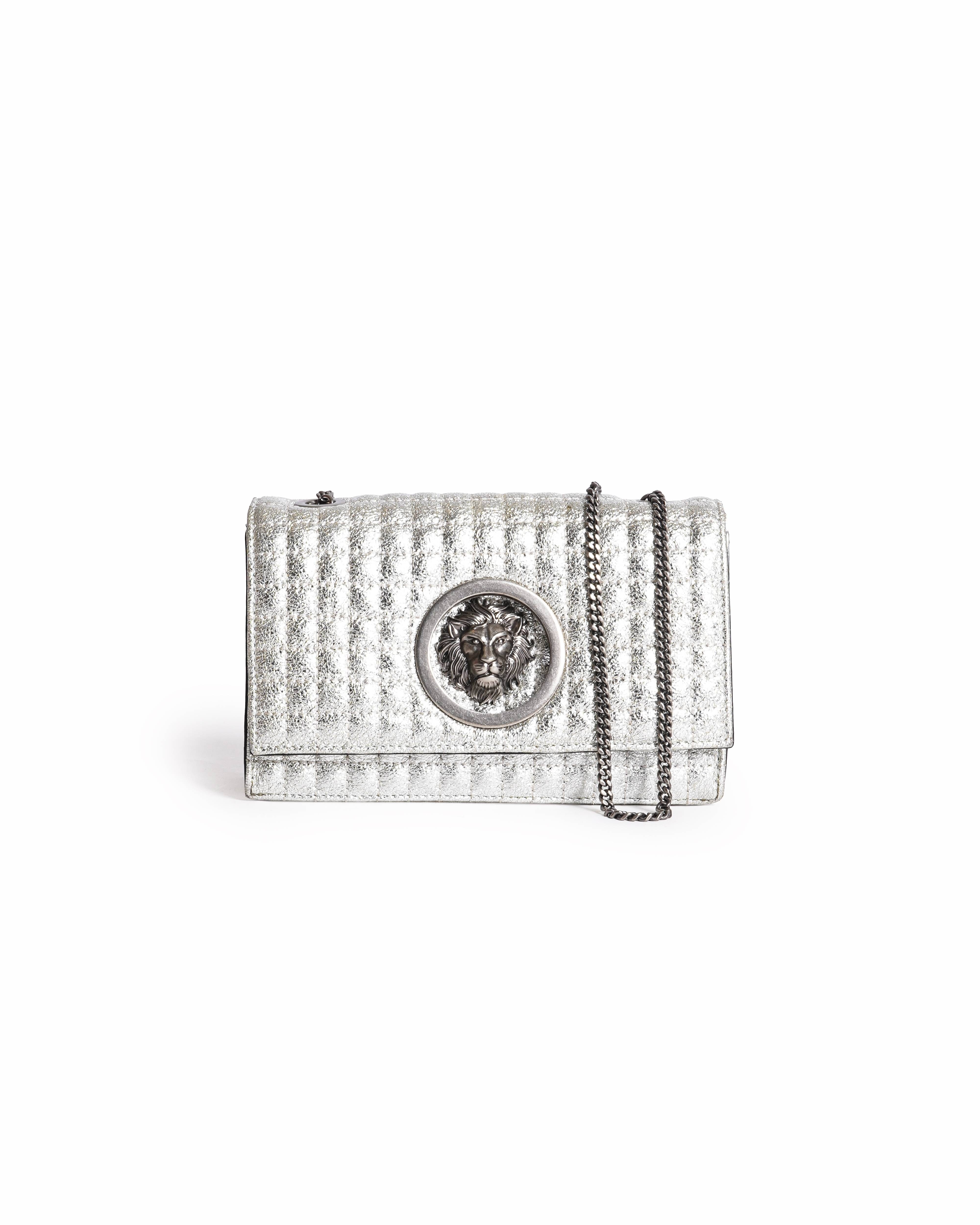 Versace Versus Women's Silver Leather Lion Head Pattern Leather Crossbody Bag