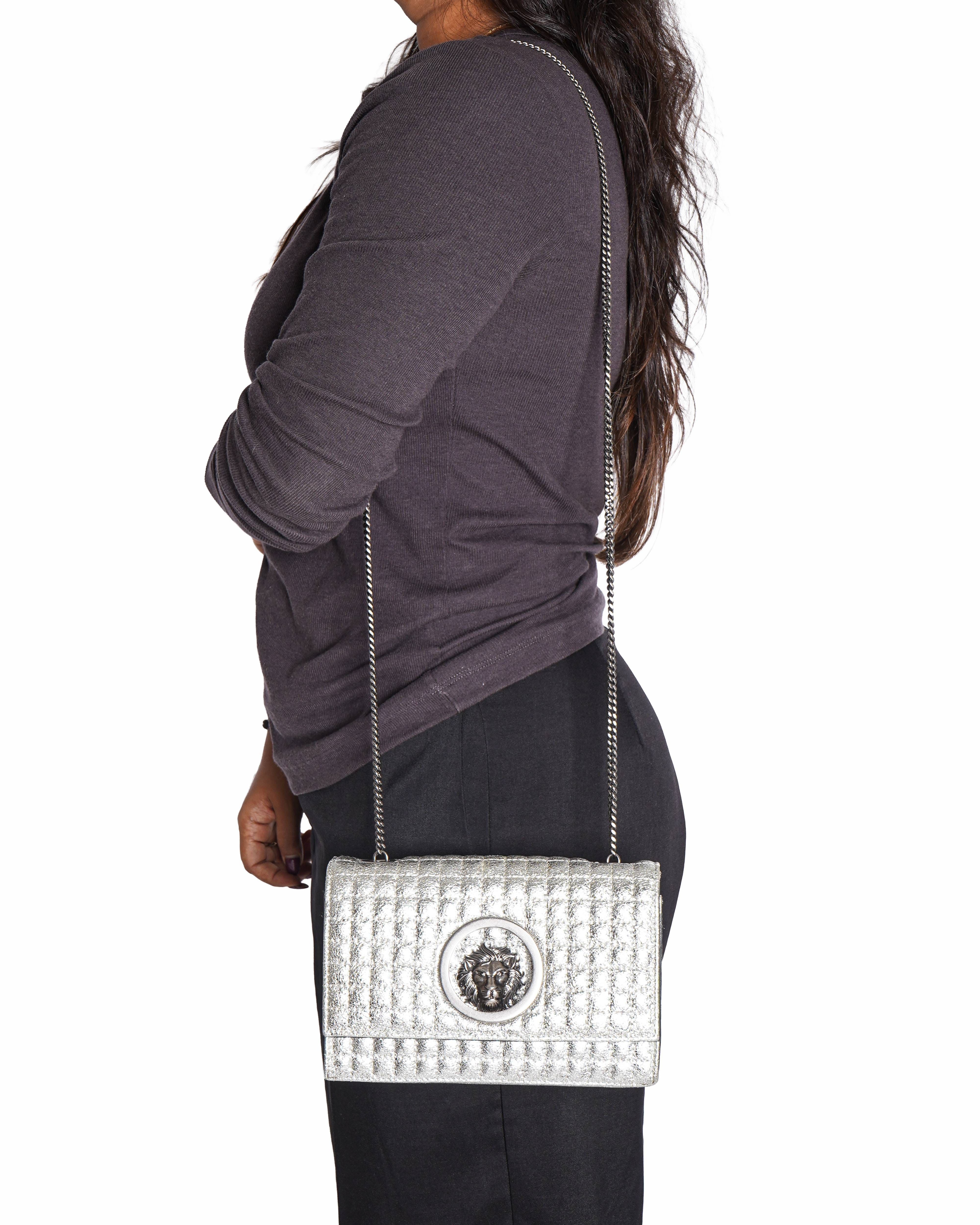 Versace Versus Women's Silver Leather Lion Head Pattern Leather Crossbody Bag