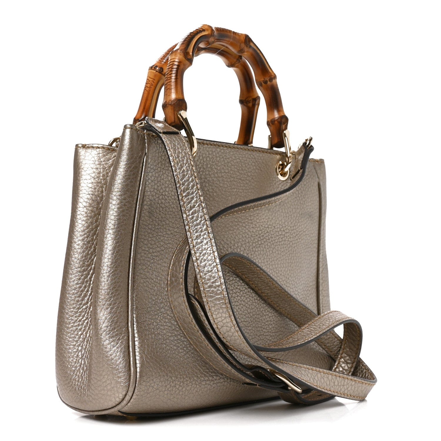 Gucci Metallic Calfskin Mini Bamboo Shopper Tote Golden Beige