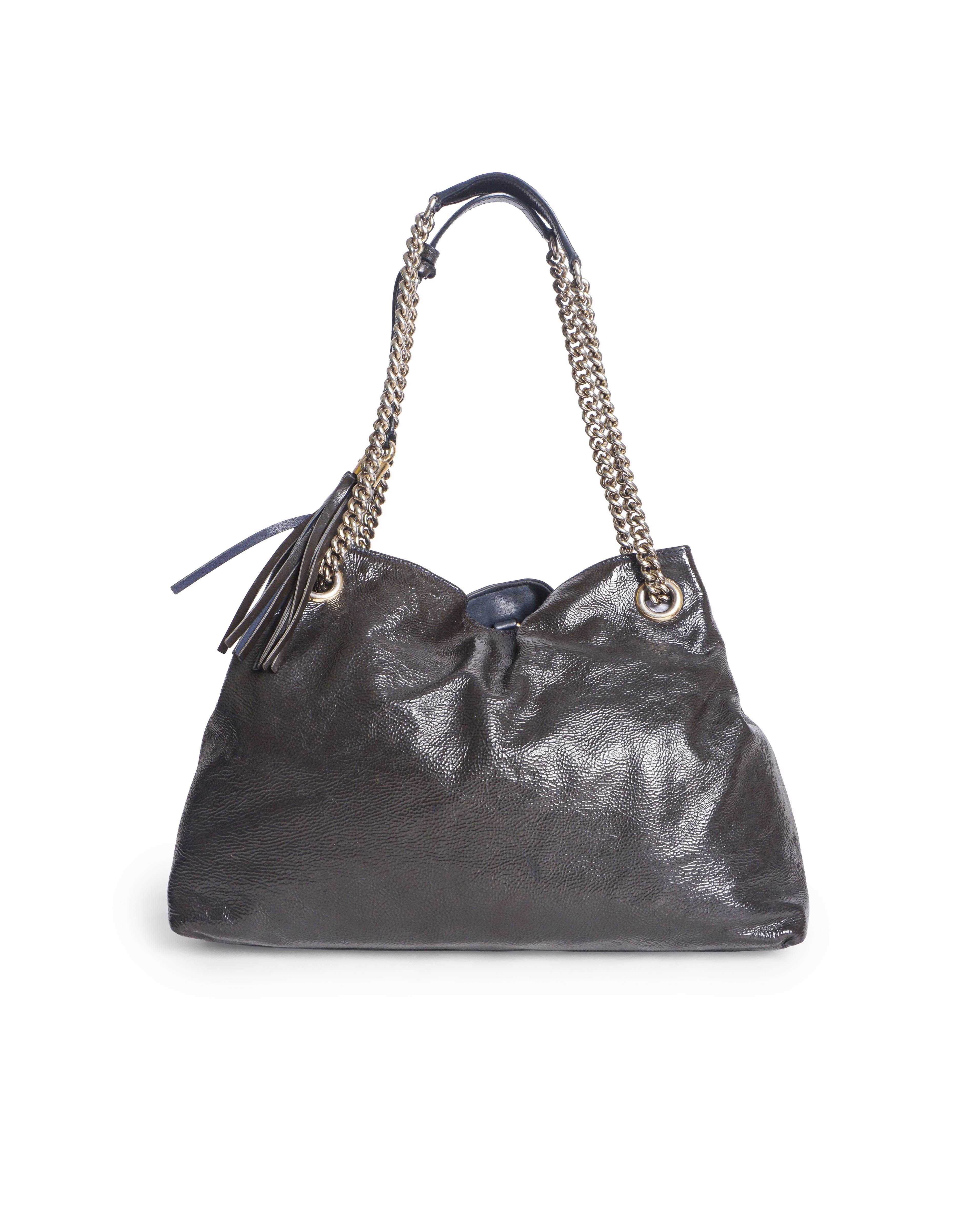 Gucci Soho Dark Brown Patent Leather GG Chain Tote Bag