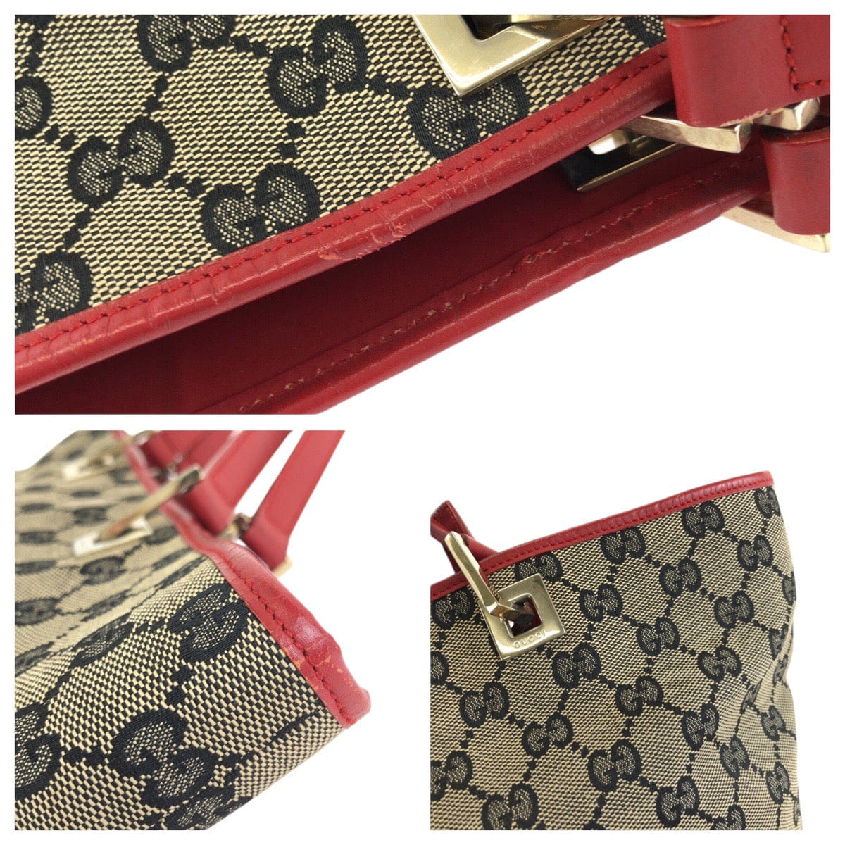 Gucci Beige Red GG Canvas Leather Tote Bag