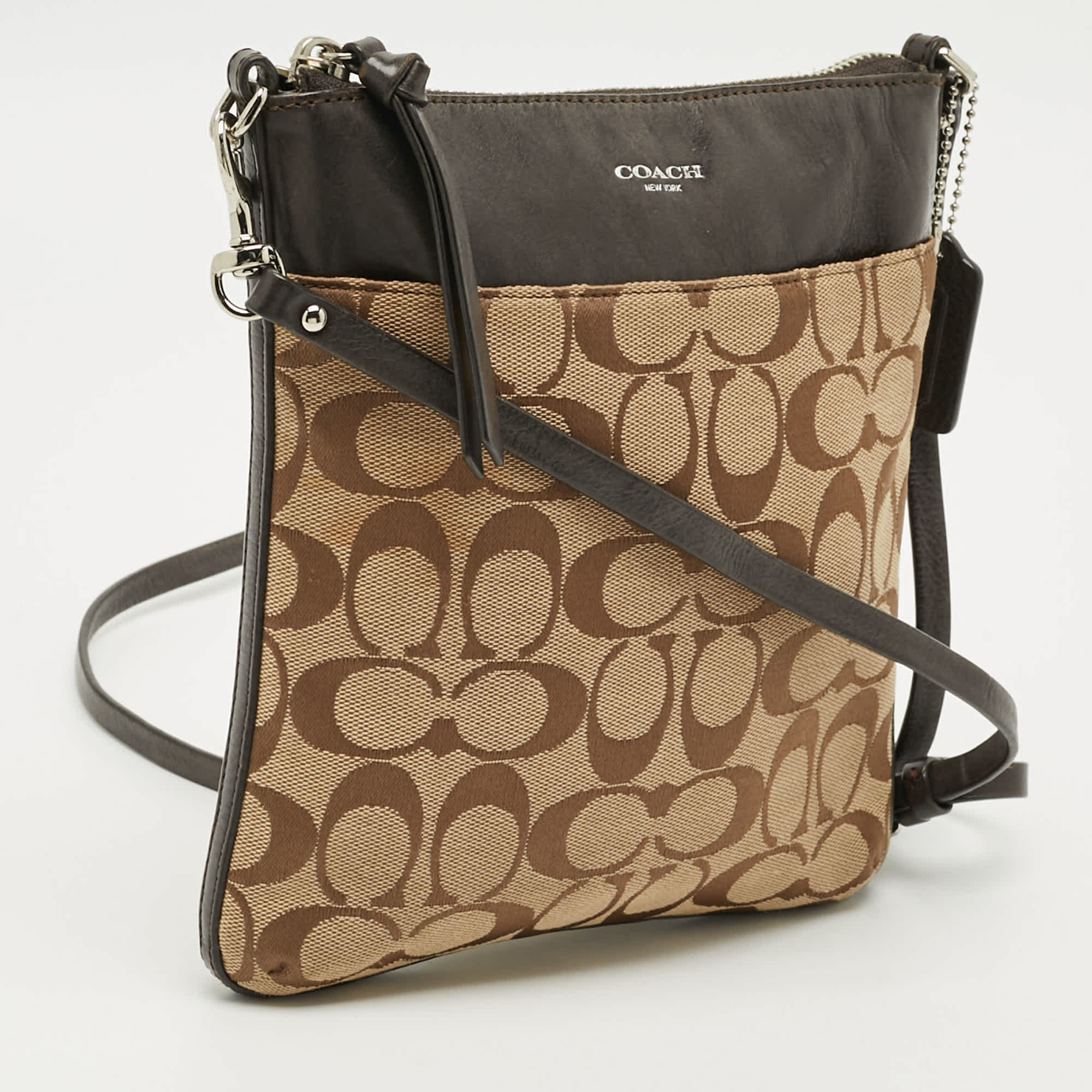 Coach Swingpack Dark Brown/beige Signature Canvas And Leather Crossbody Bag