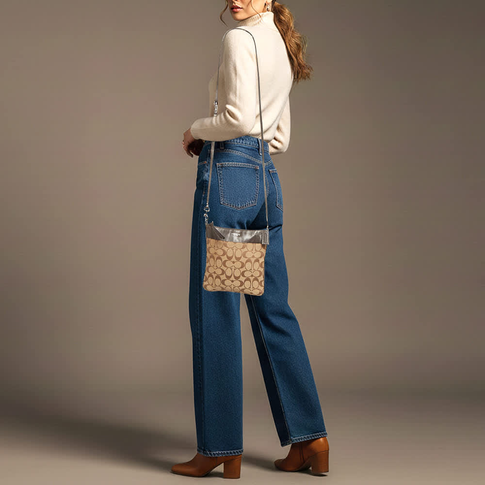 Coach Swingpack Dark Brown/beige Signature Canvas And Leather Crossbody Bag