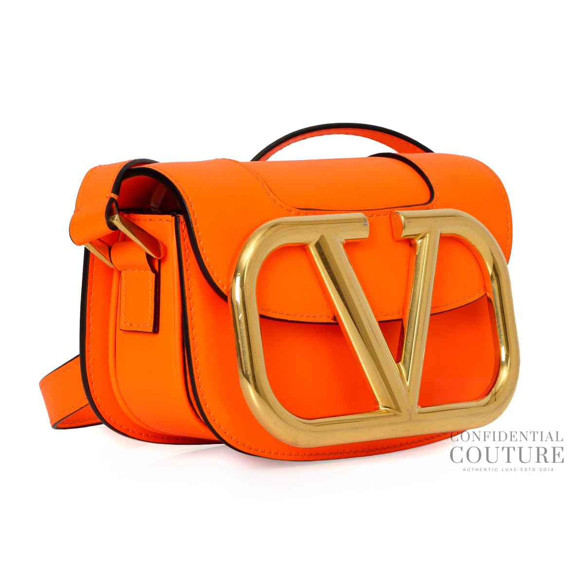 Valentino Neon Orange Leather Small Supervee Crossbody Bag