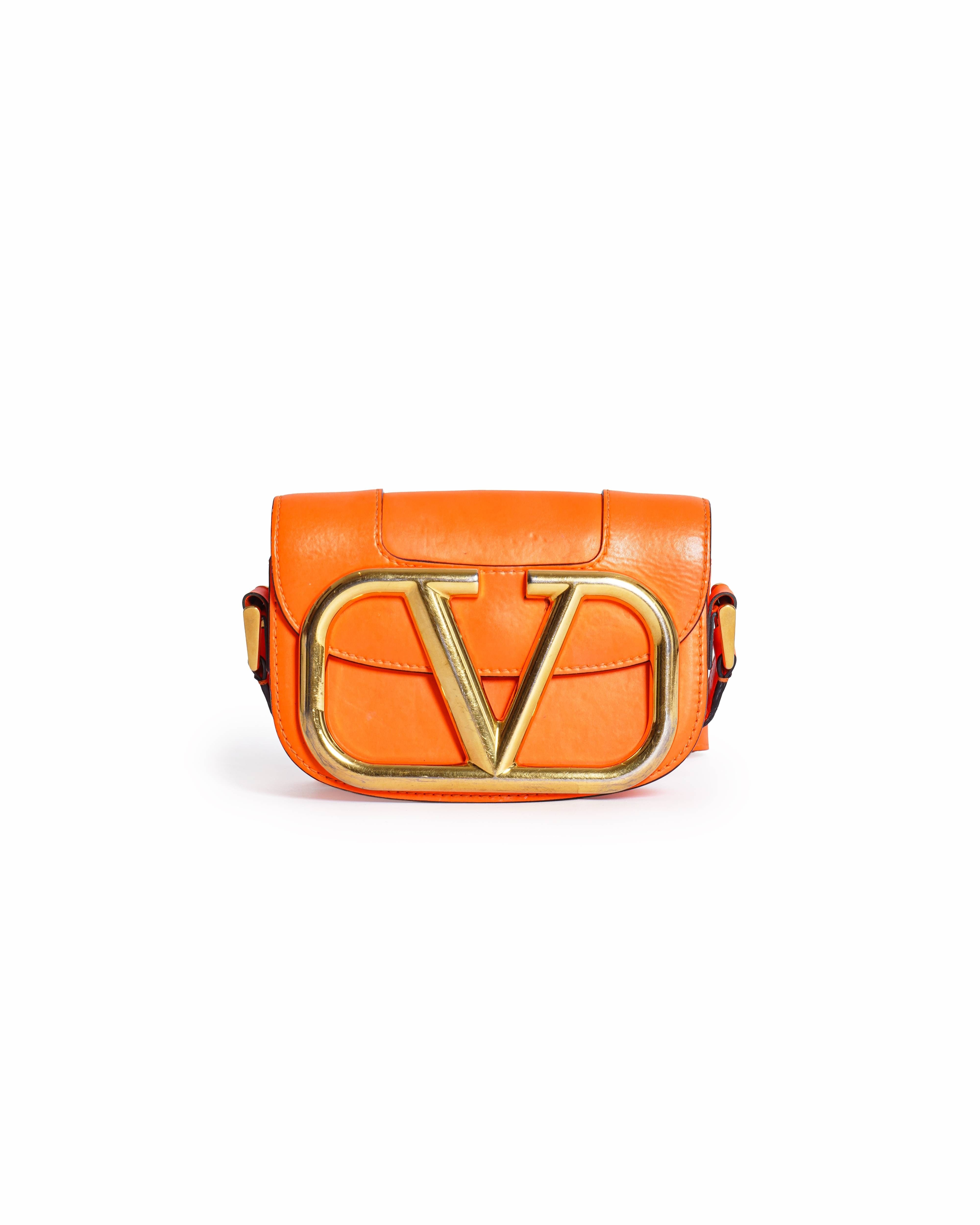 Valentino Neon Orange Leather Small Supervee Crossbody Bag