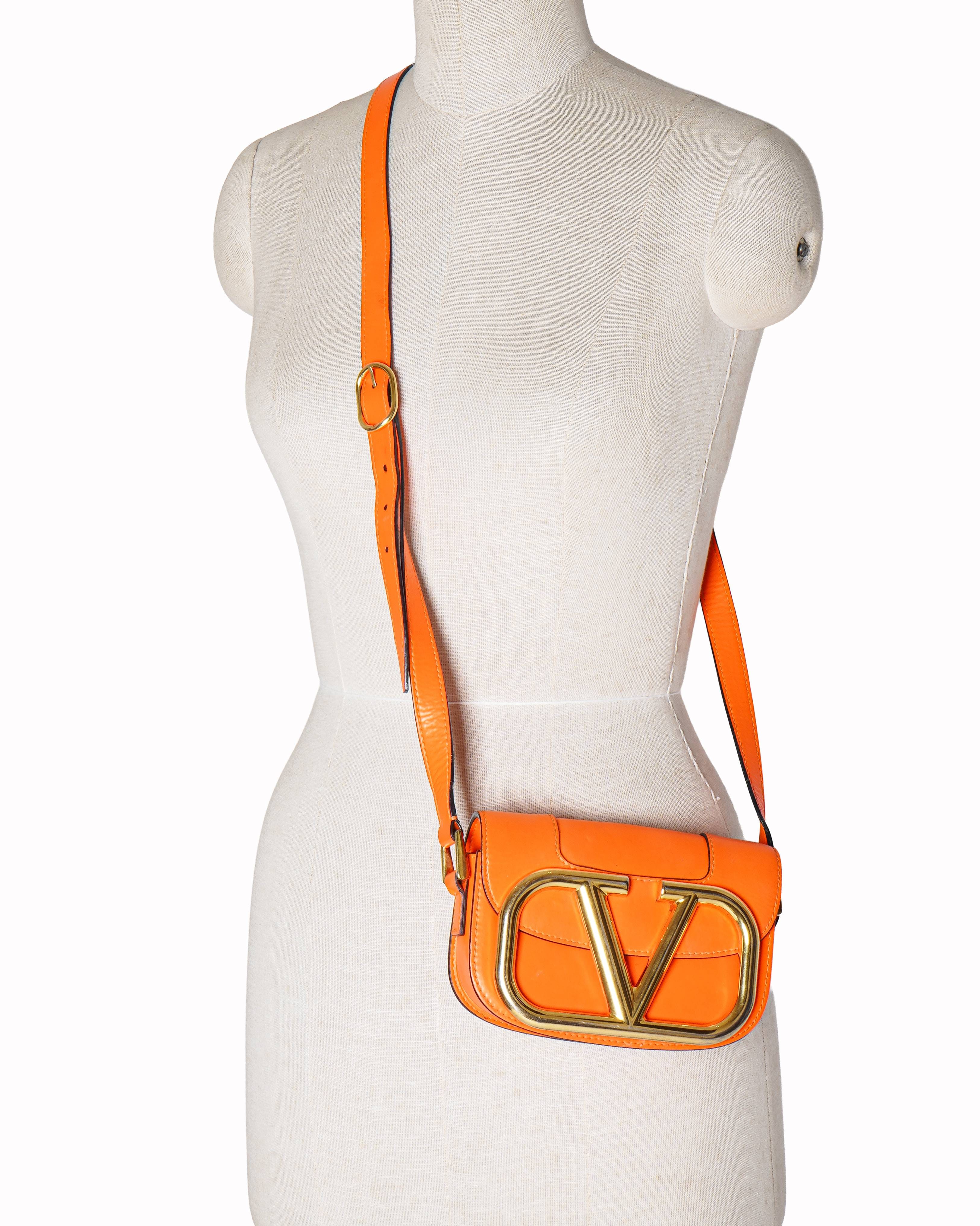 Valentino Neon Orange Leather Small Supervee Crossbody Bag