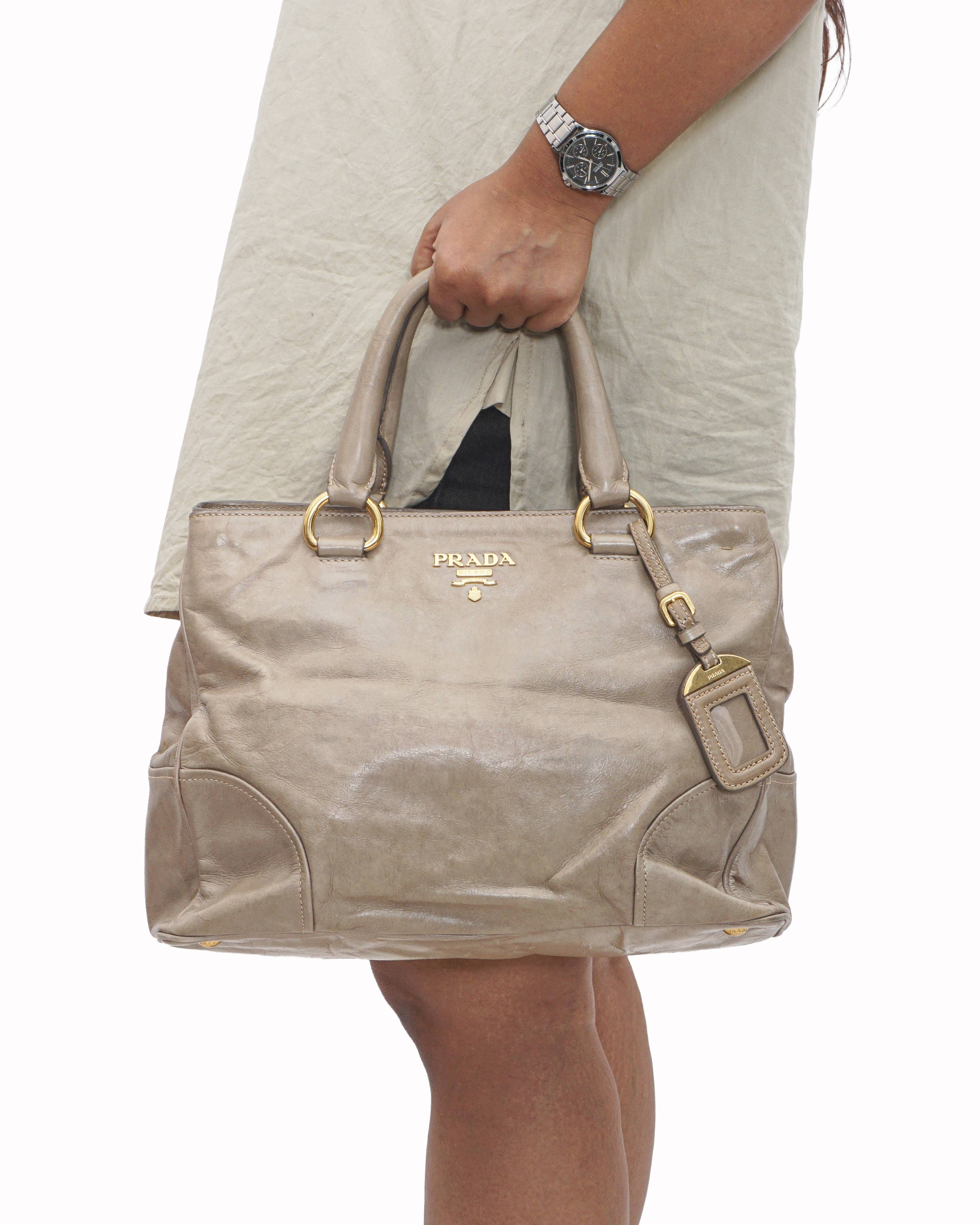 Prada Beige Vitello Shine Distressed Leather Tote Bag