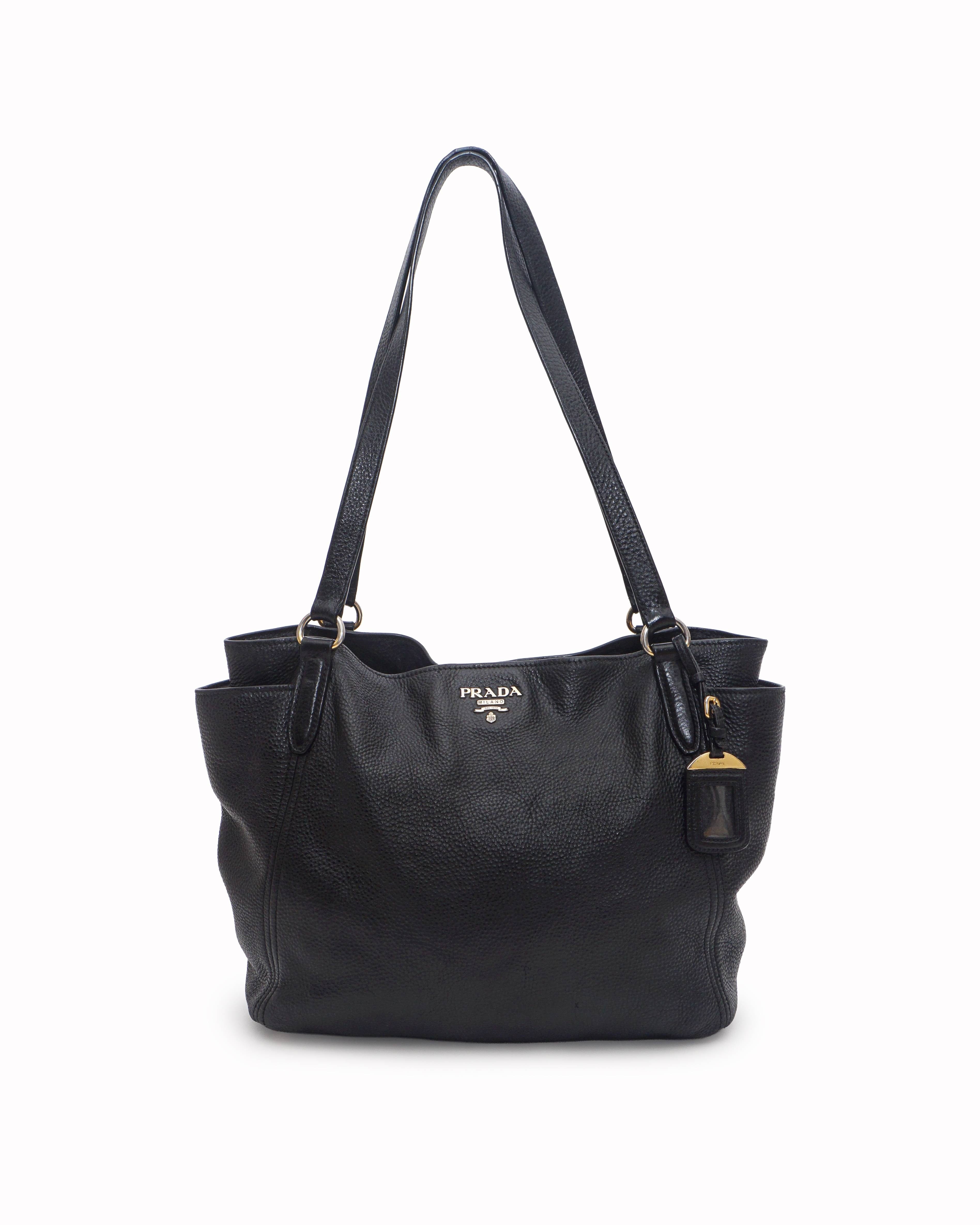 Prada Black Vitello Daino Pebbled Leather Side - Pocket Tote Bag