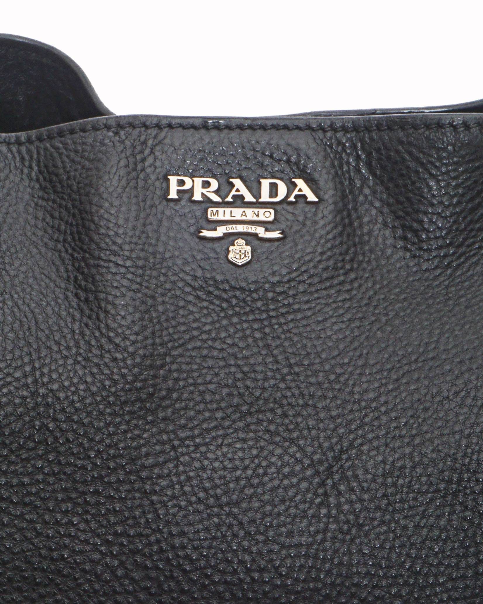 Prada Black Vitello Daino Pebbled Leather Side - Pocket Tote Bag