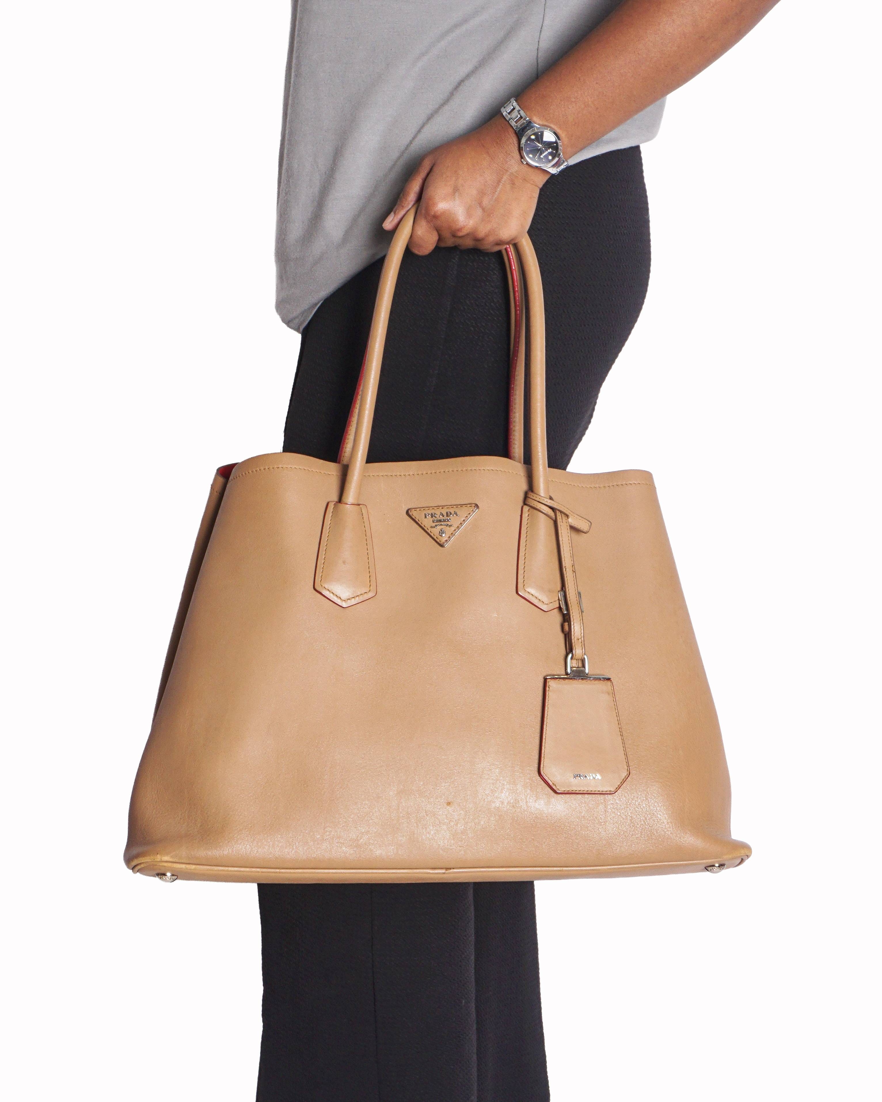 Prada Beige Saffiano Cuir Leather Double Tote Bag