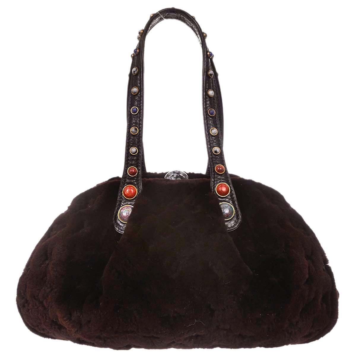 Louis Vuitton 2005 Brown Mink Fur Demi - lune Cabochons Handbag M95080