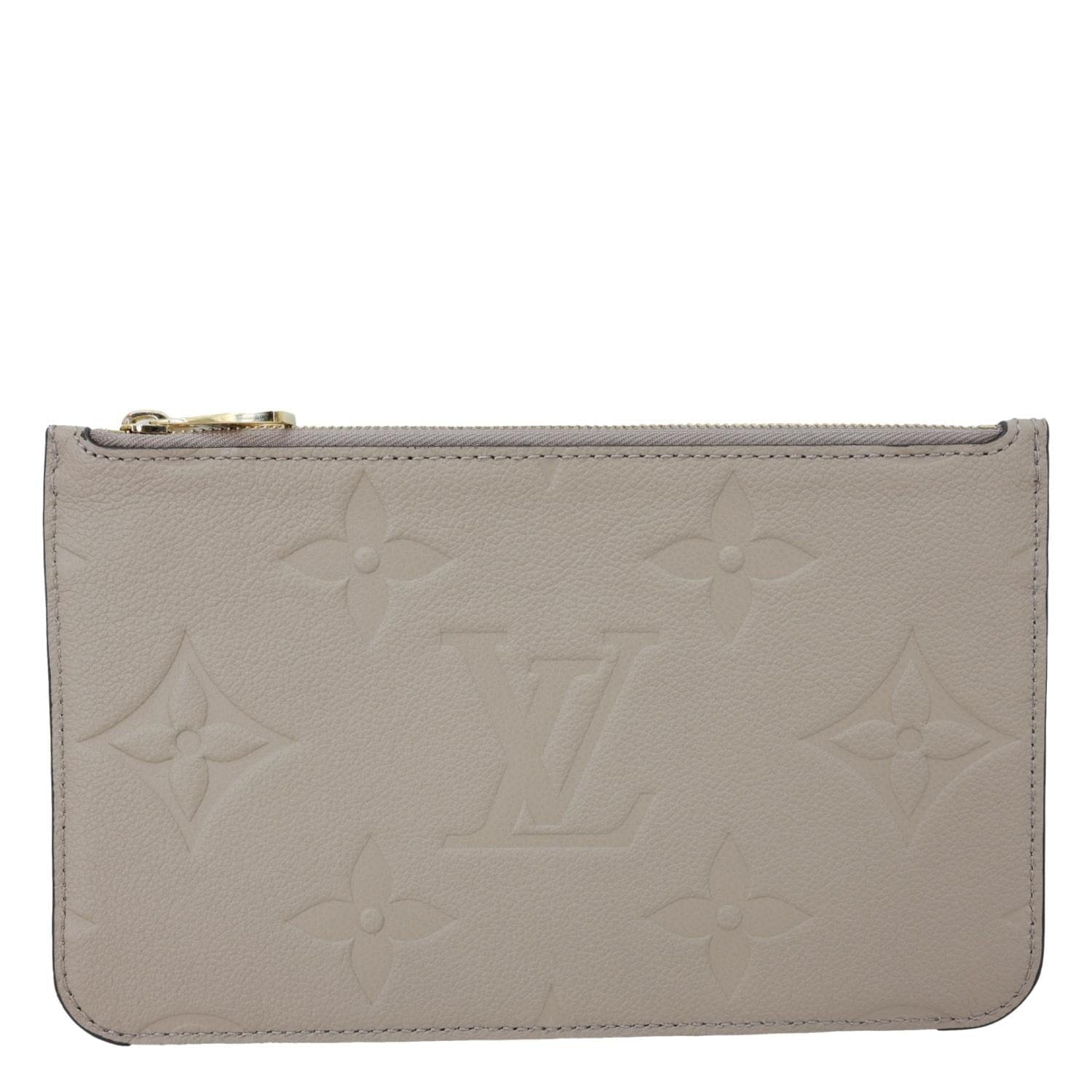 LOUIS VUITTON Neverfull Pochette Giant Monogram Empreinte Leather Wristlet Beige