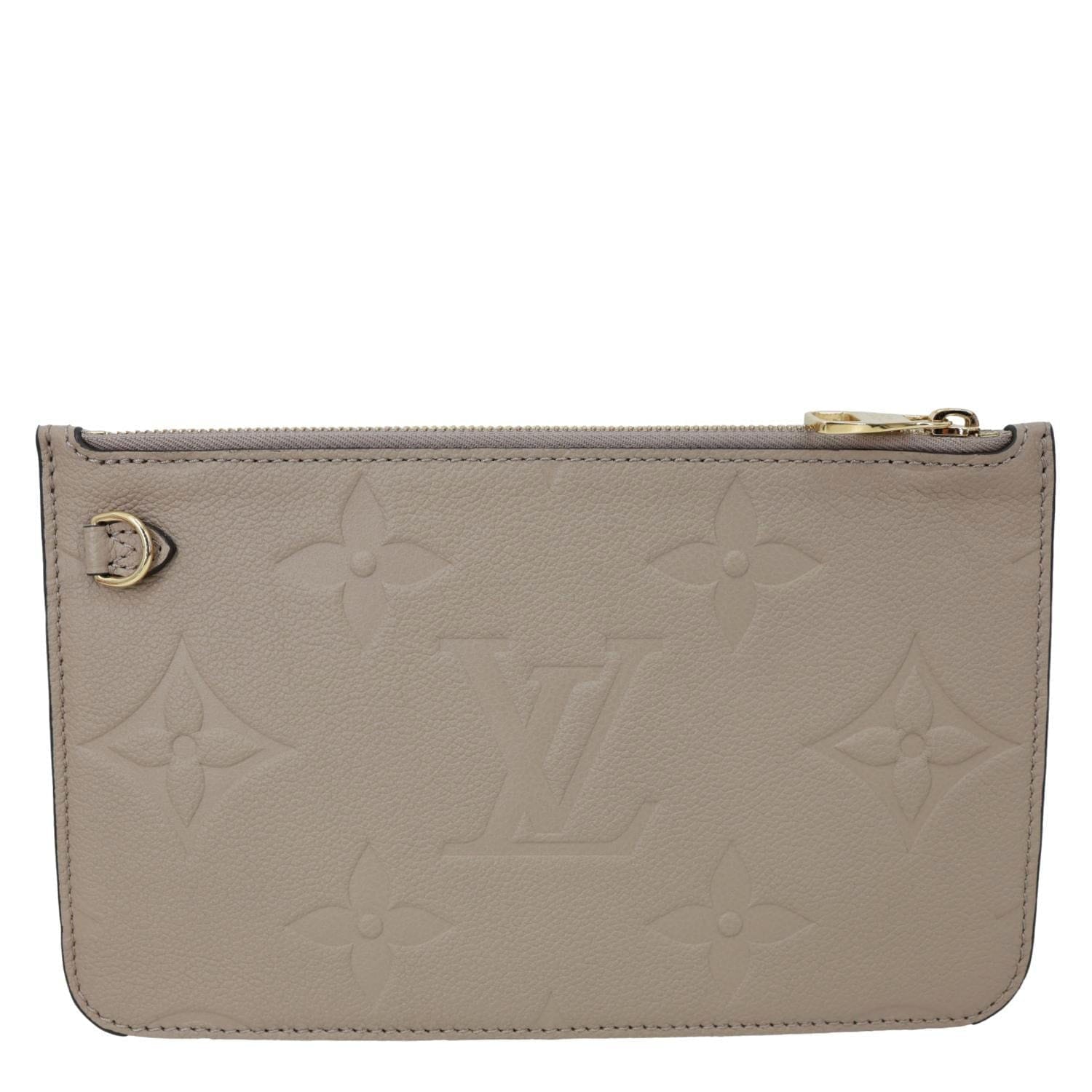 LOUIS VUITTON Neverfull Pochette Giant Monogram Empreinte Leather Wristlet Beige