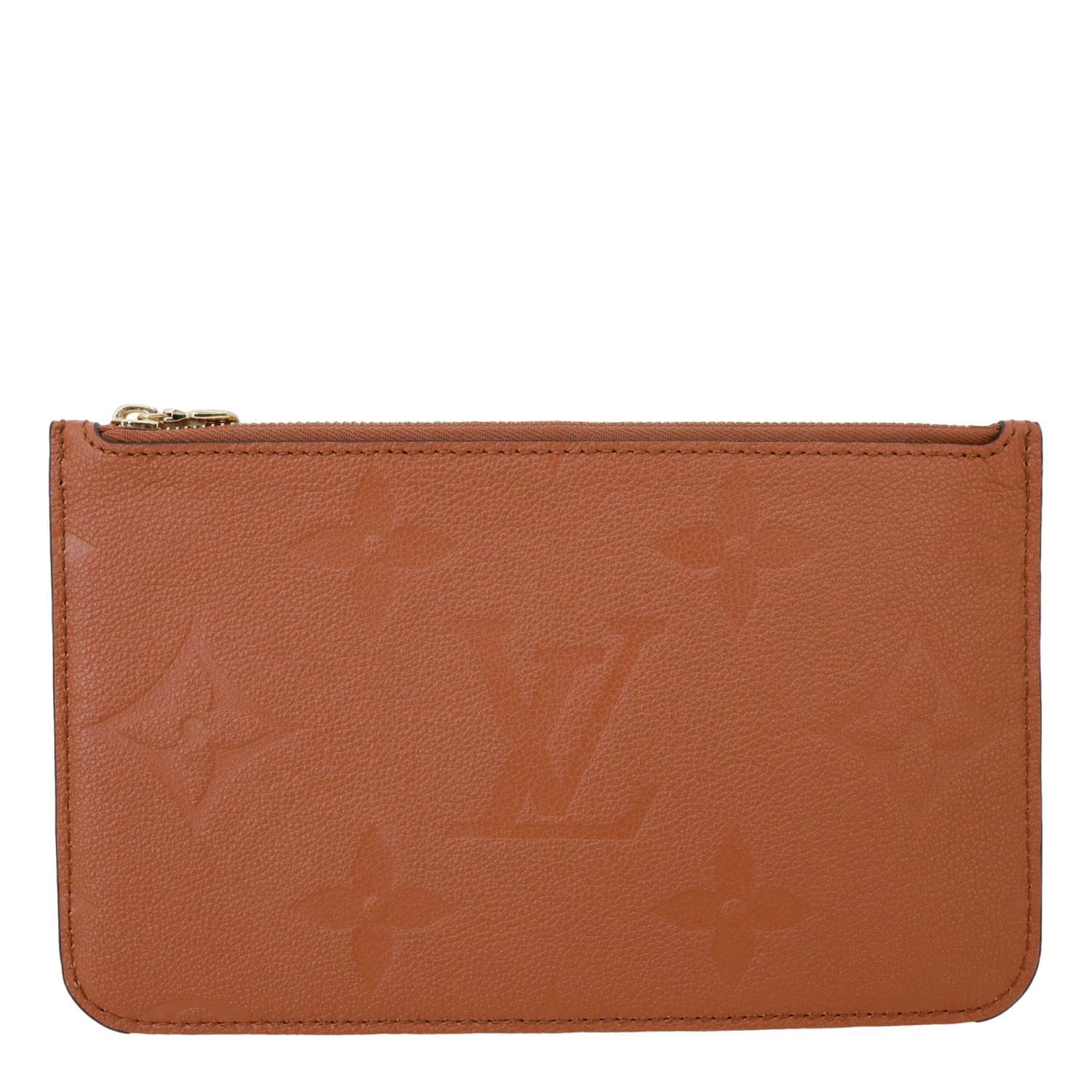 LOUIS VUITTON Neverfull Pochette Giant Monogram Empreinte Leather Wristlet Brown