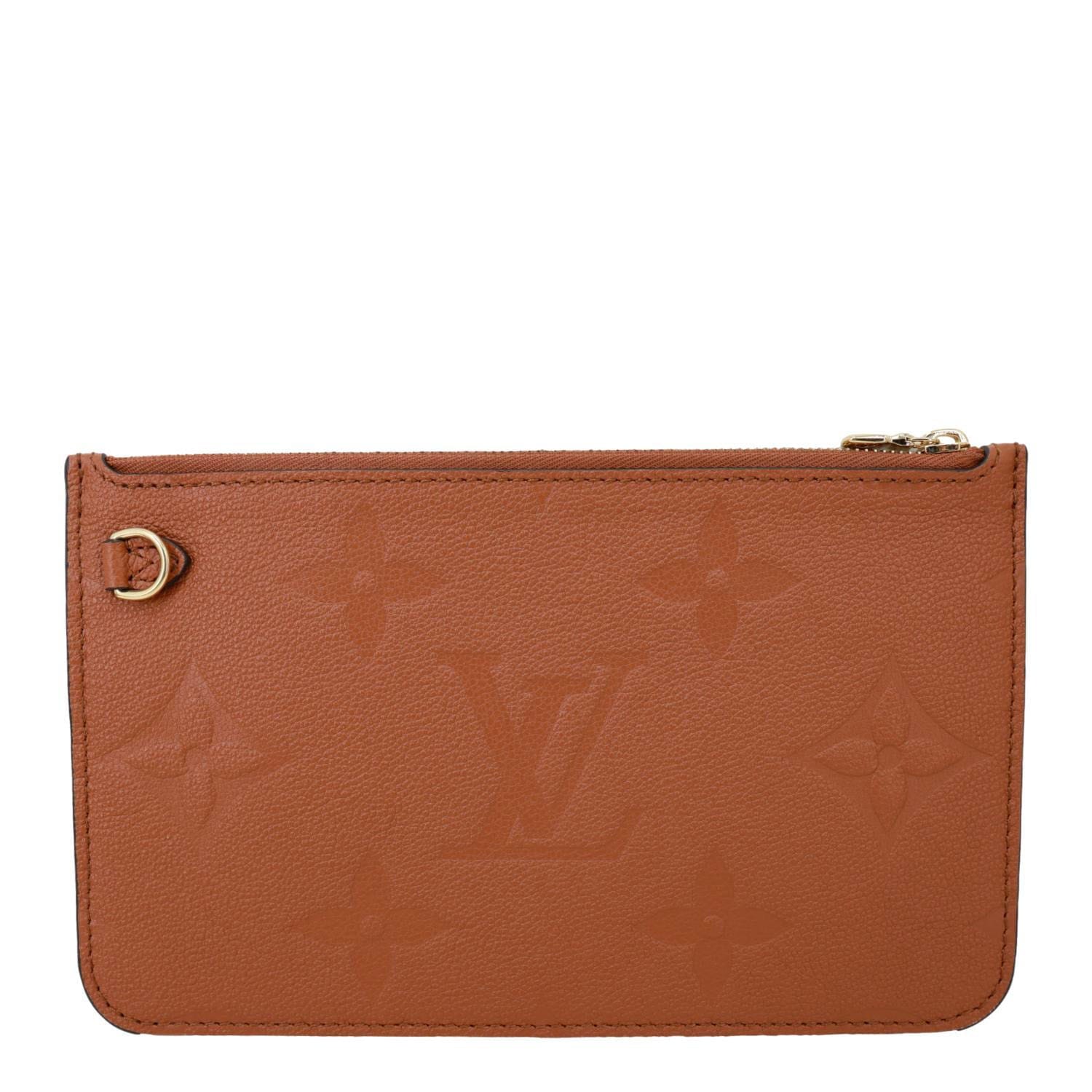 LOUIS VUITTON Neverfull Pochette Giant Monogram Empreinte Leather Wristlet Brown