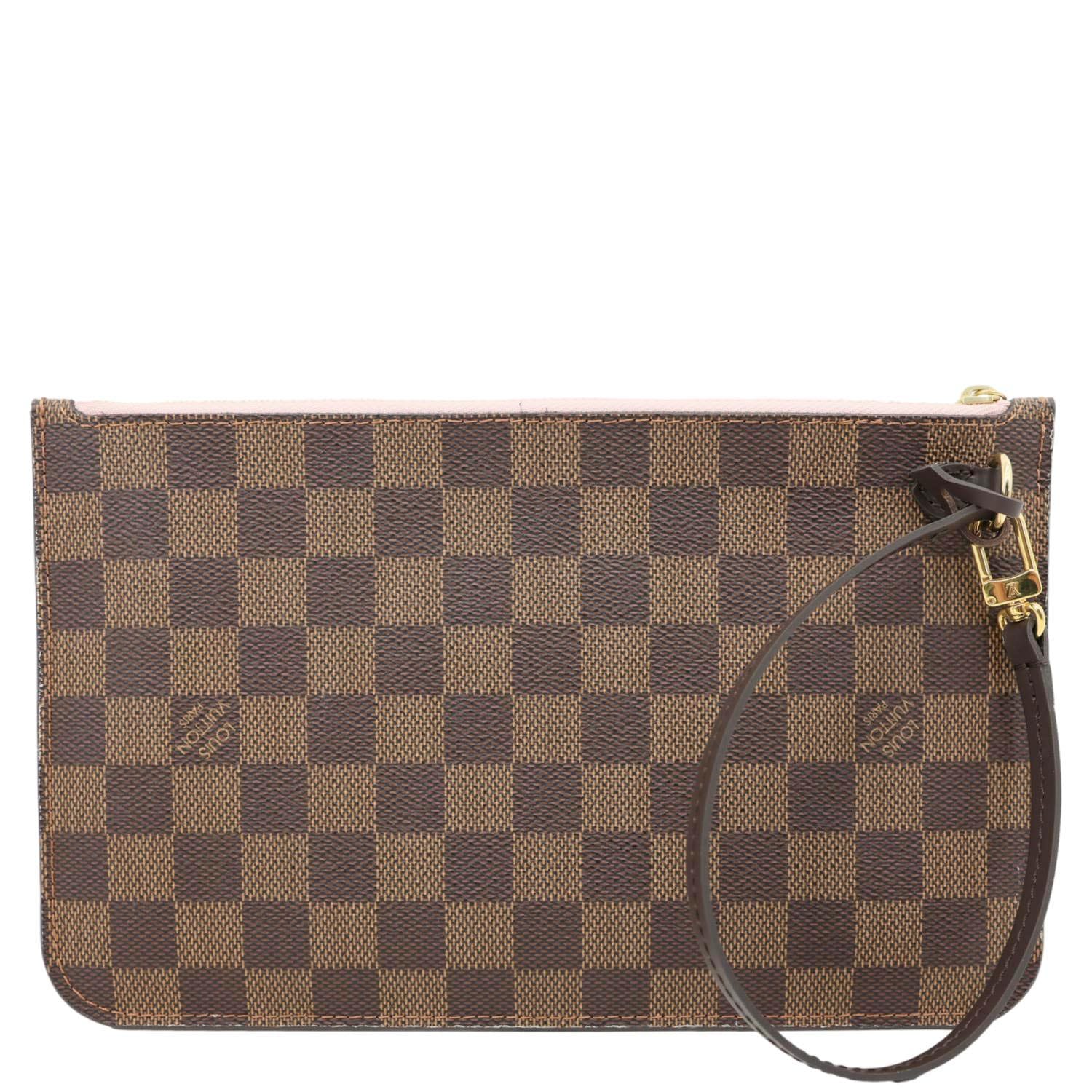 LOUIS VUITTON Neverfull Damier Ebene Wristlet Pouch Rose Ballerine