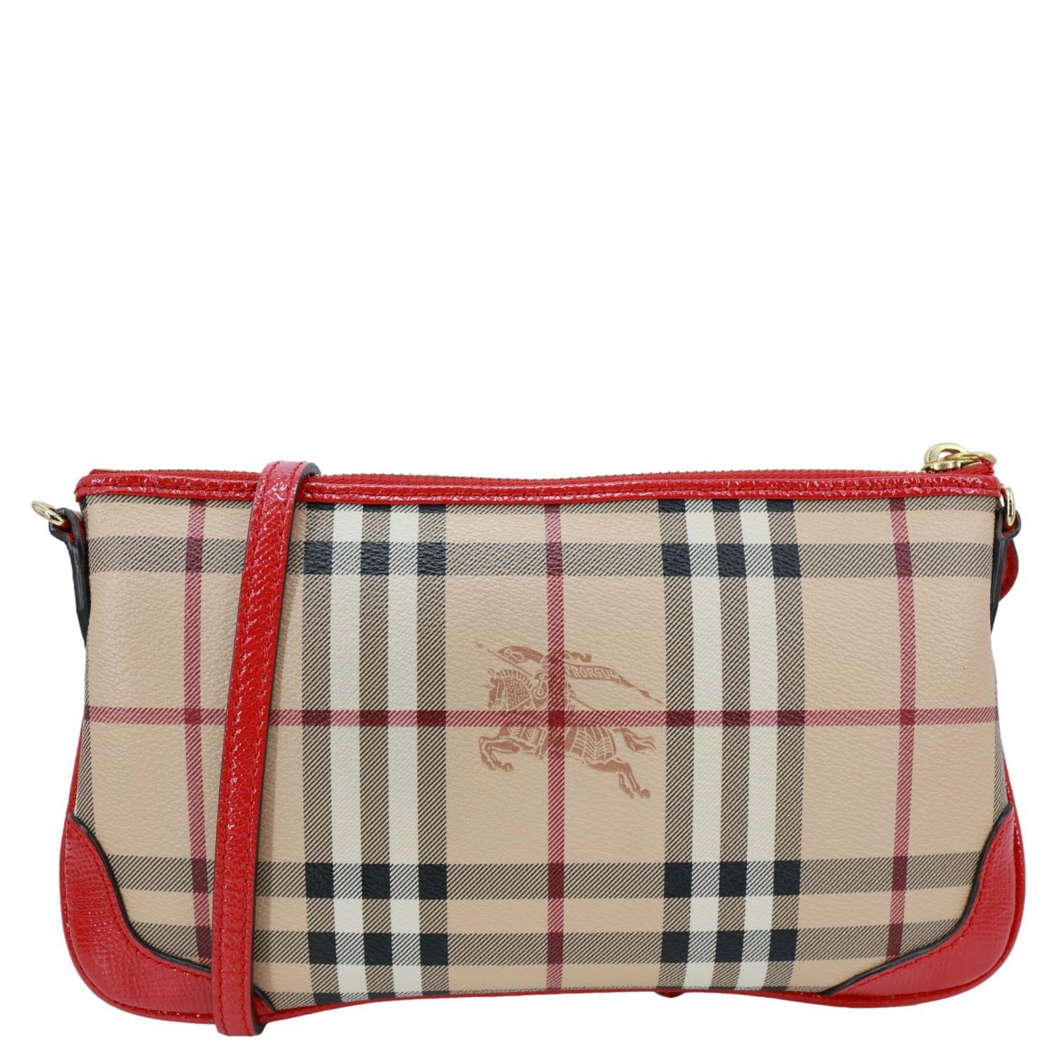 BURBERRY Peyton Small Haymarket Check Canvas Crossbody Clutch Military Red